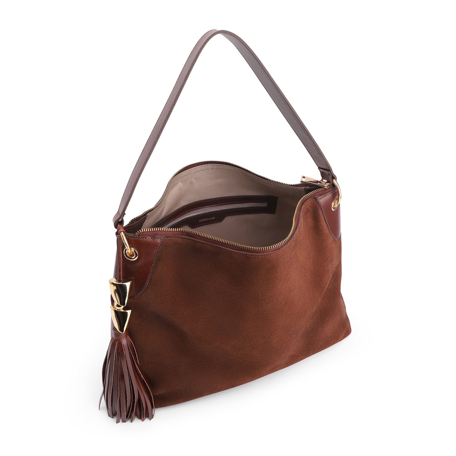 Bolsa Hobo Argola Couro Camurça/Couro Marrom Escuro