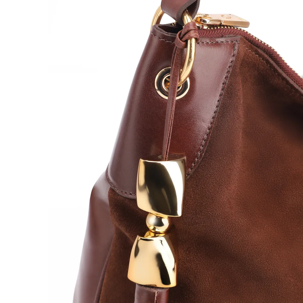 Bolsa Hobo Argola Couro Camurça/Couro Marrom Escuro - imagem 5