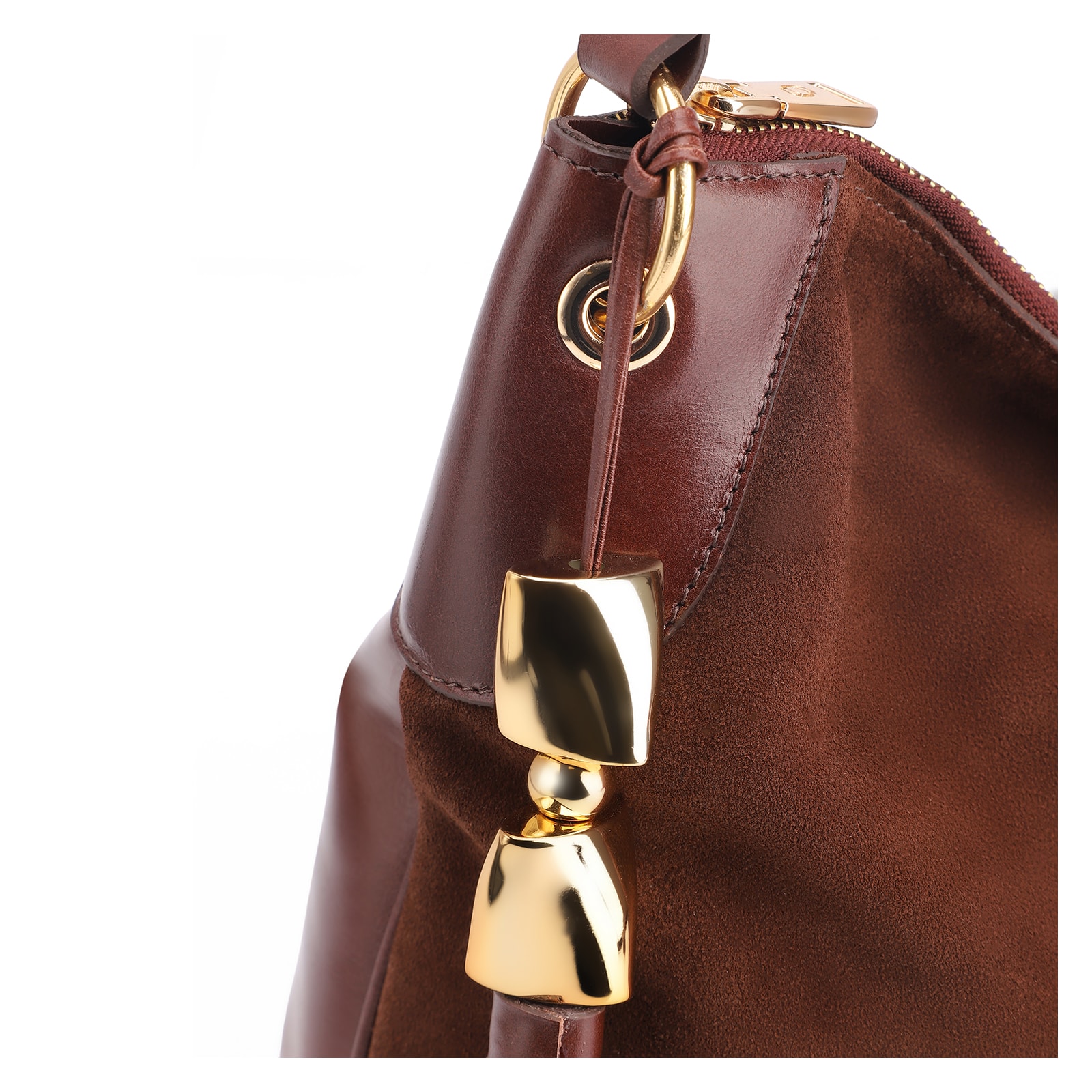 Bolsa Hobo Argola Couro Camurça/Couro Marrom Escuro