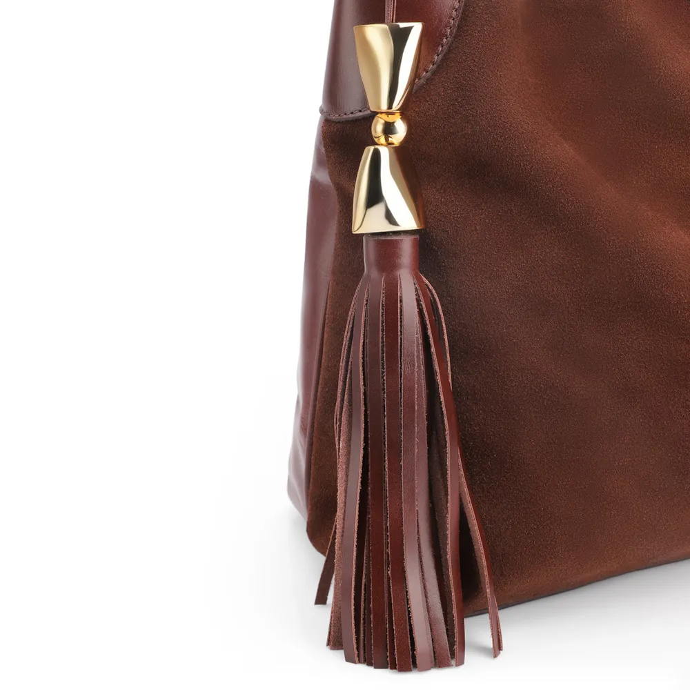 Bolsa Hobo Argola Couro Camurça/Couro Marrom Escuro - imagem 7