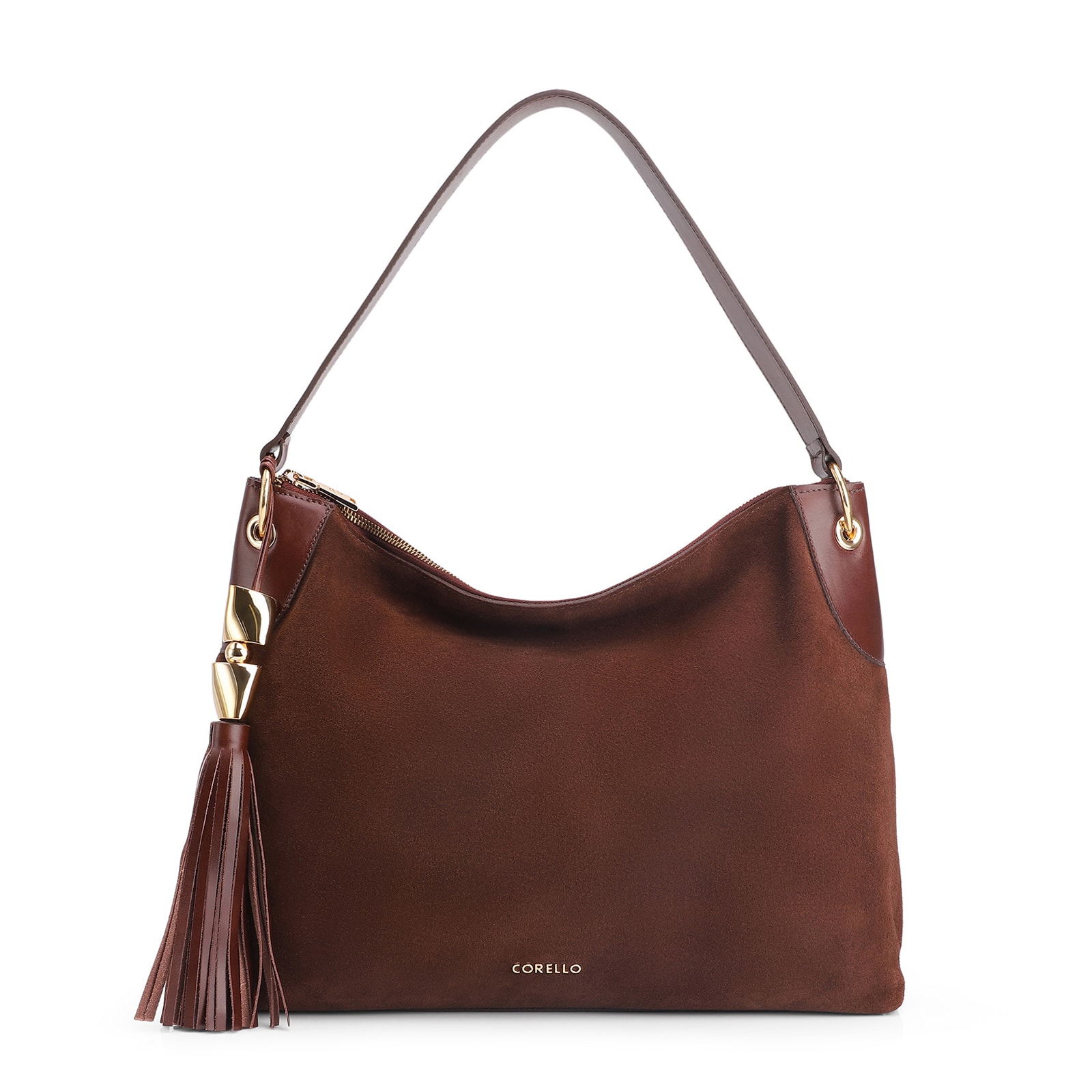 Bolsa Hobo Argola Couro Camurça/Couro Marrom Escuro