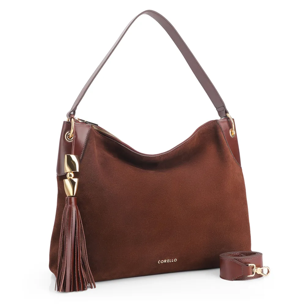 Bolsa Hobo Argola Couro Camurça/Couro Marrom Escuro - imagem 2