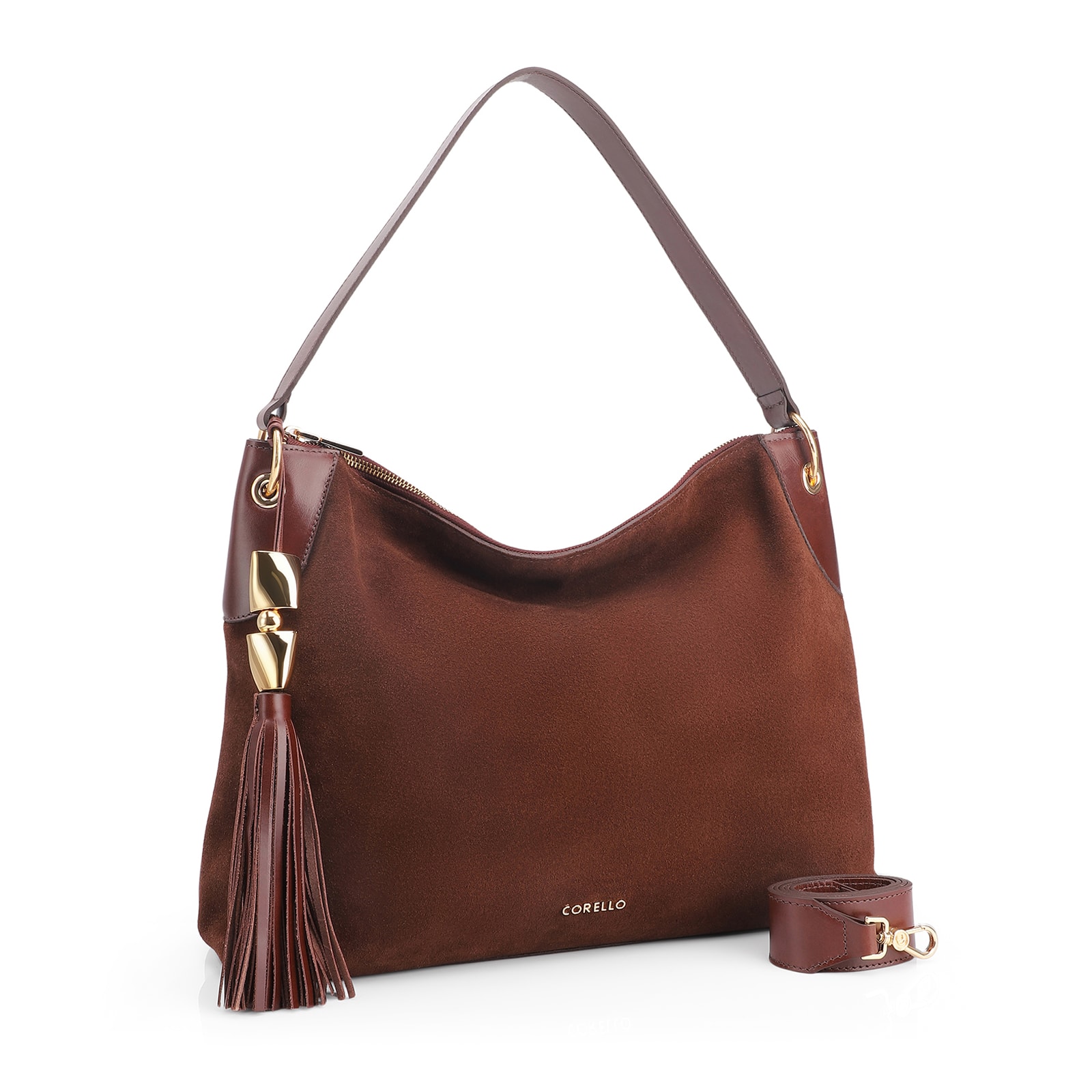 Bolsa Hobo Argola Couro Camurça/Couro Marrom Escuro