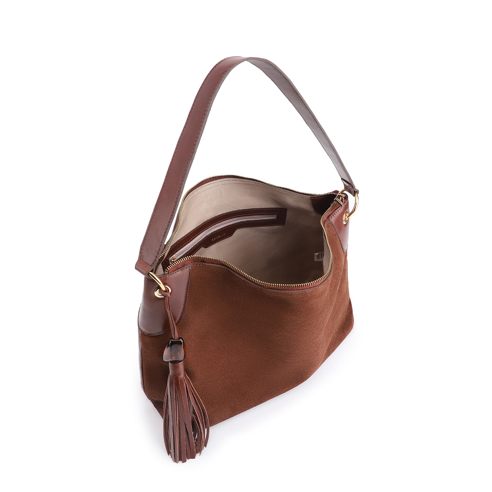 Bolsa Hobo Argola Couro Camurça/Couro Marrom Escuro