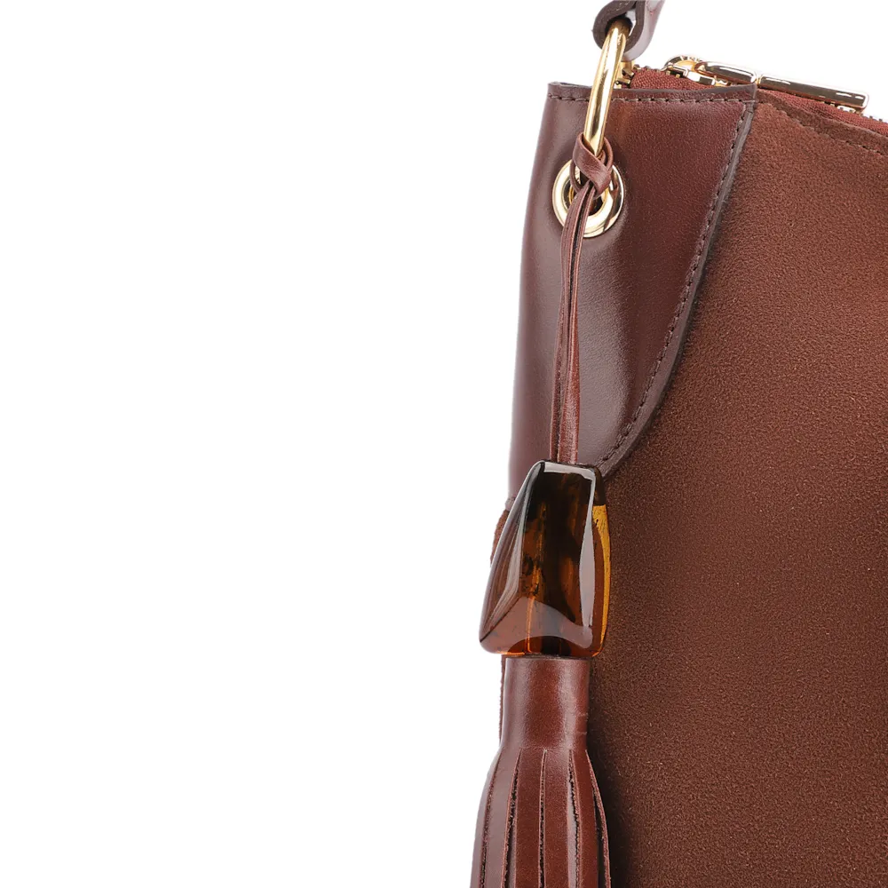 Bolsa Hobo Argola Couro Camurça/Couro Marrom Escuro - imagem 5