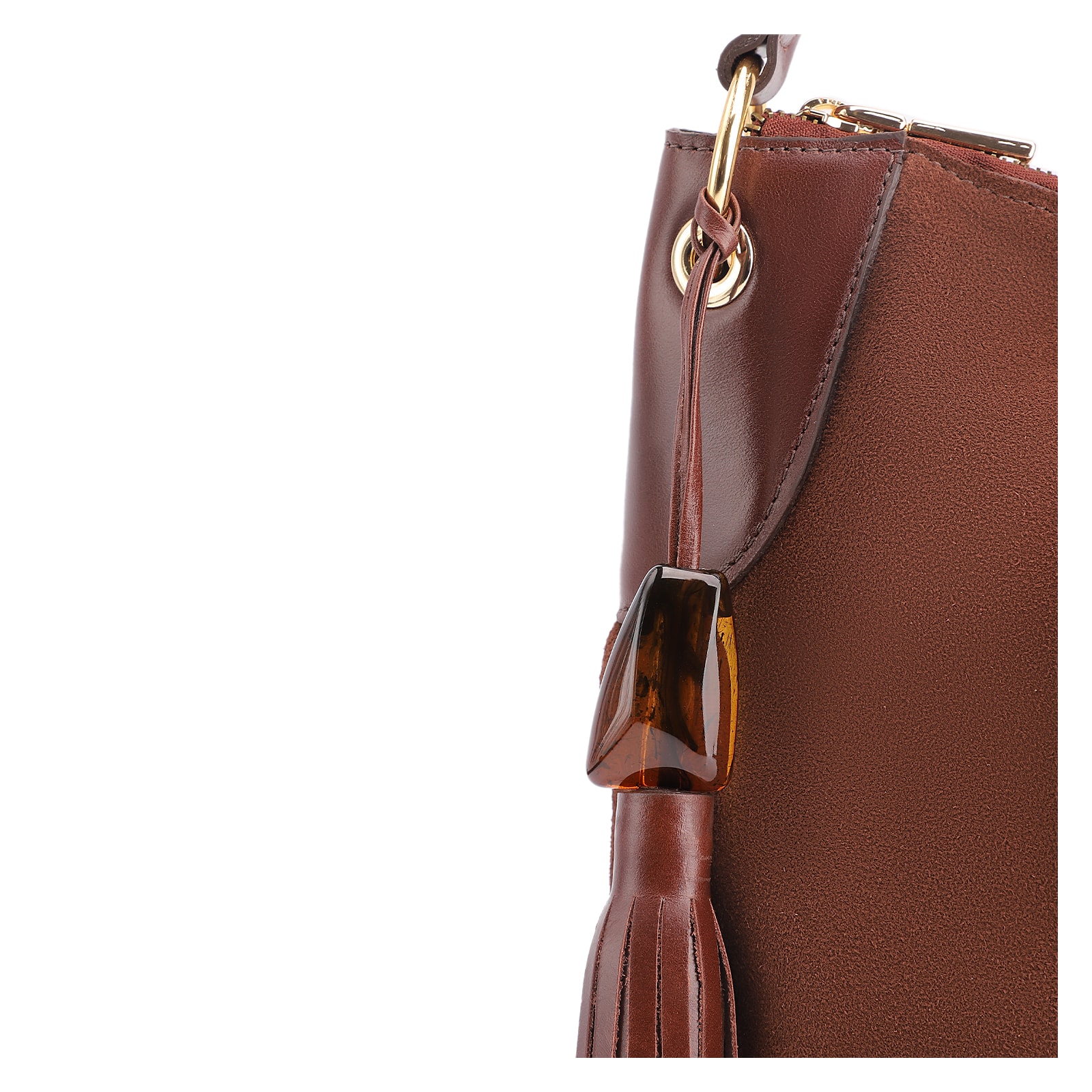 Bolsa Hobo Argola Couro Camurça/Couro Marrom Escuro