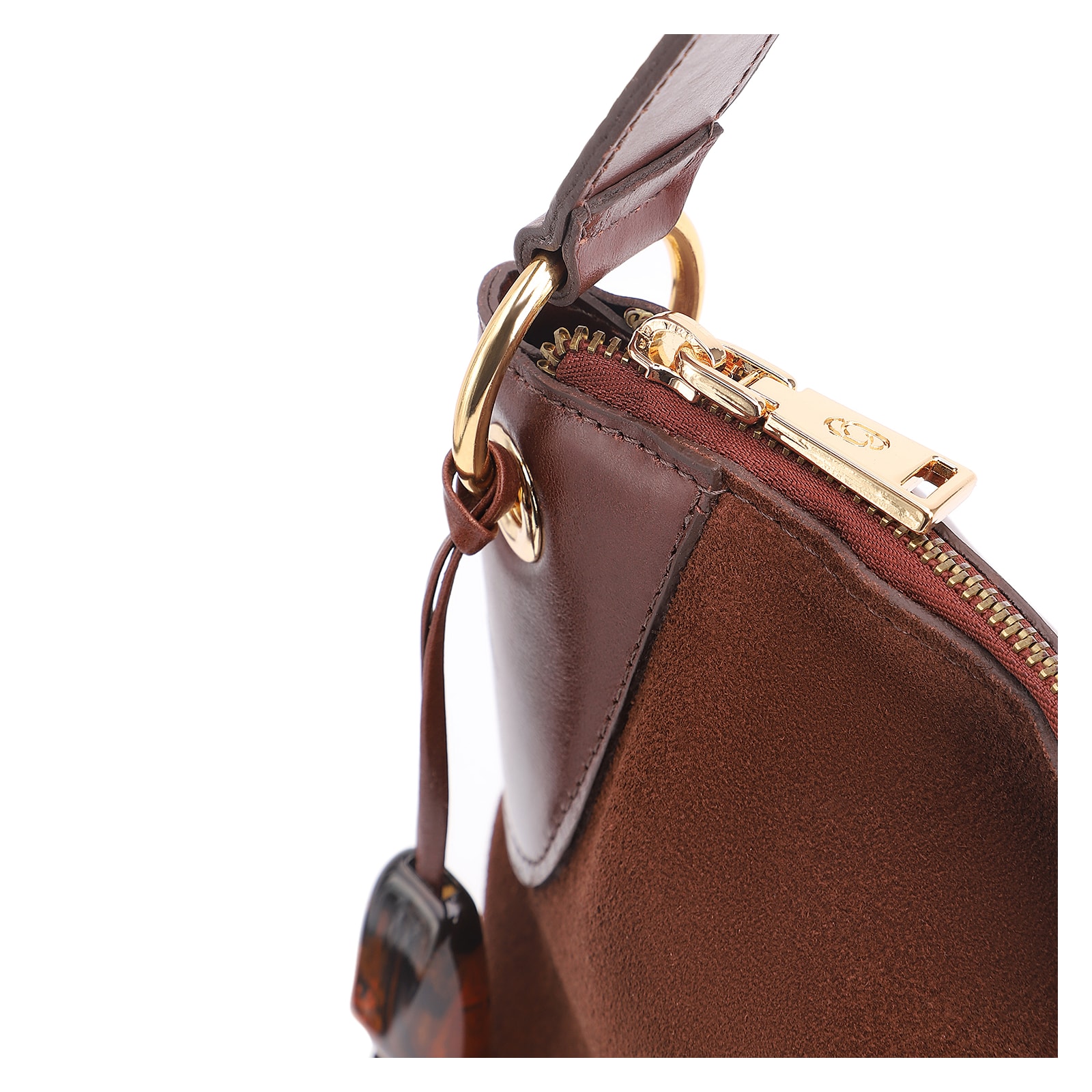 Bolsa Hobo Argola Couro Camurça/Couro Marrom Escuro