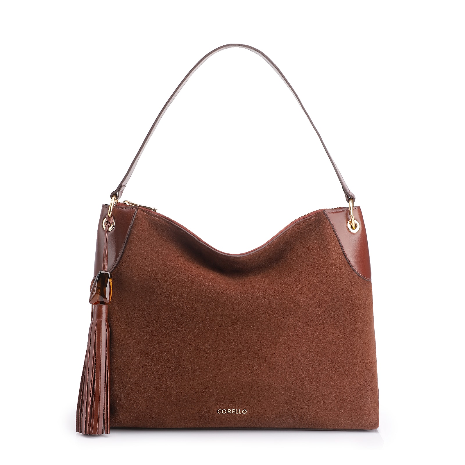 Bolsa Hobo Argola Couro Camurça/Couro Marrom Escuro