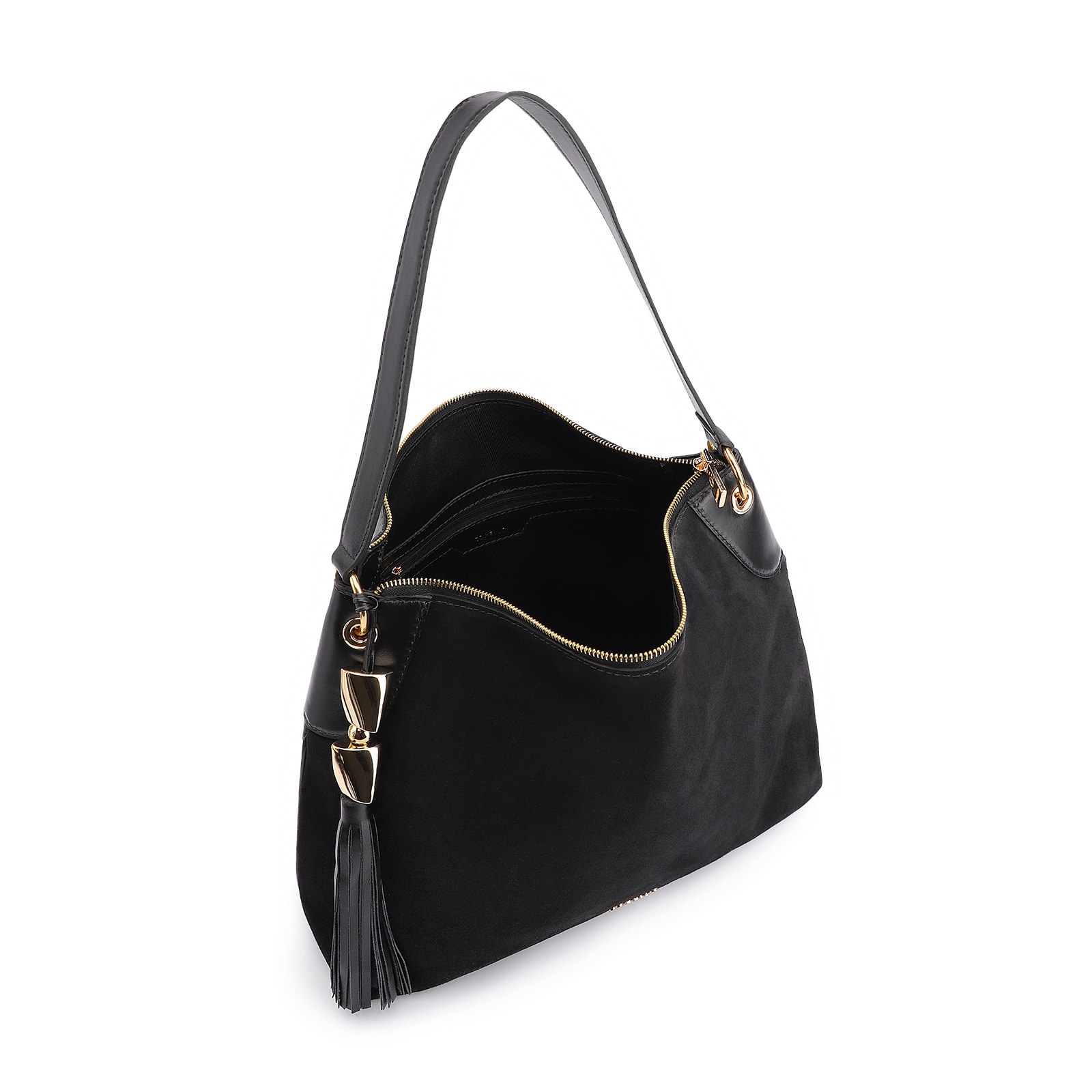 Bolsa Hobo Argola Couro Camurça/Couro Preto