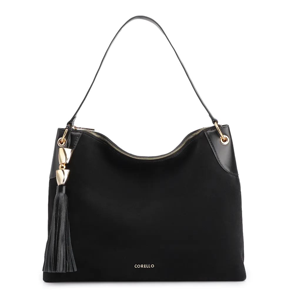 Bolsa Hobo Argola Couro Camurça/Couro Preto