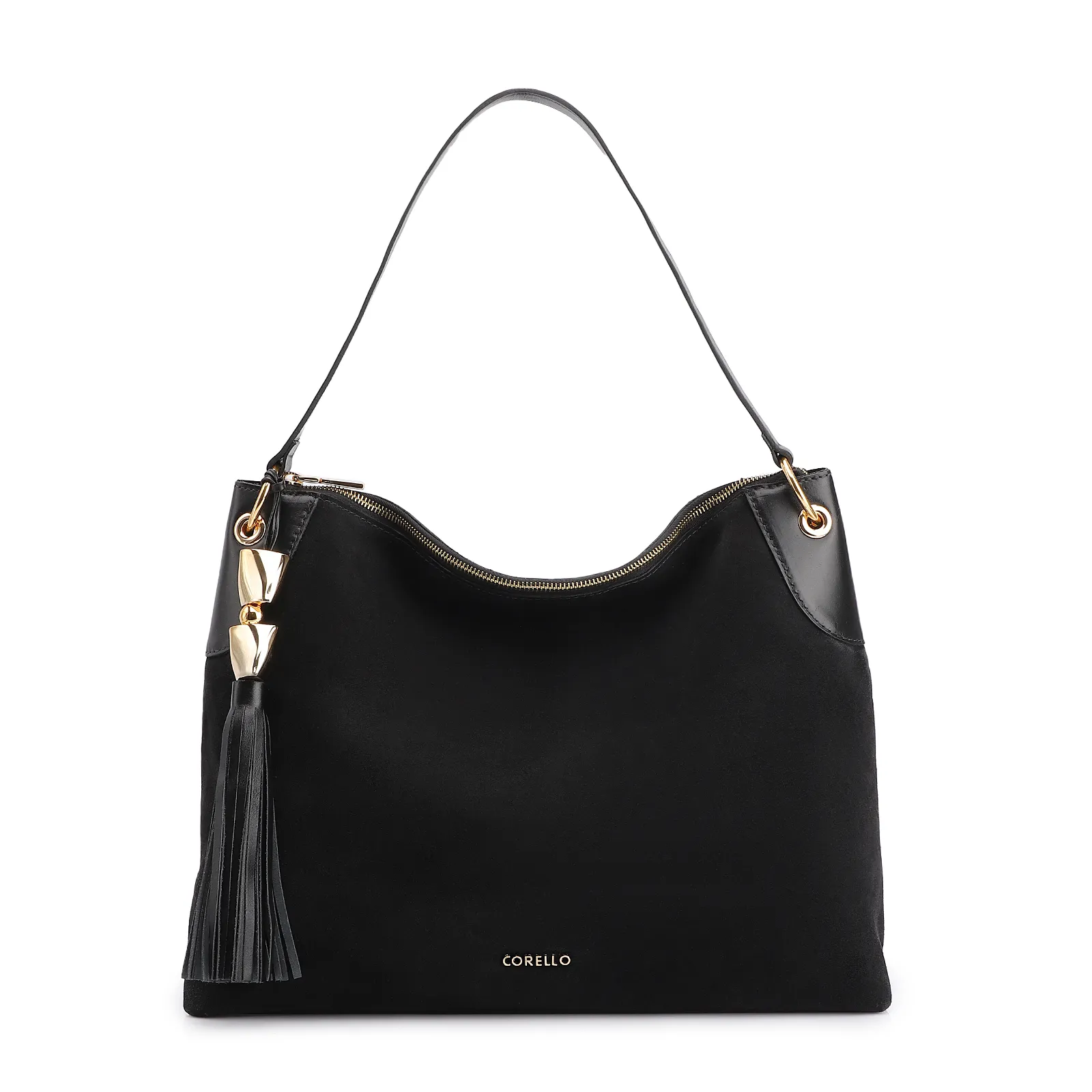 Bolsa Hobo Argola Couro Camurça/Couro Preto
