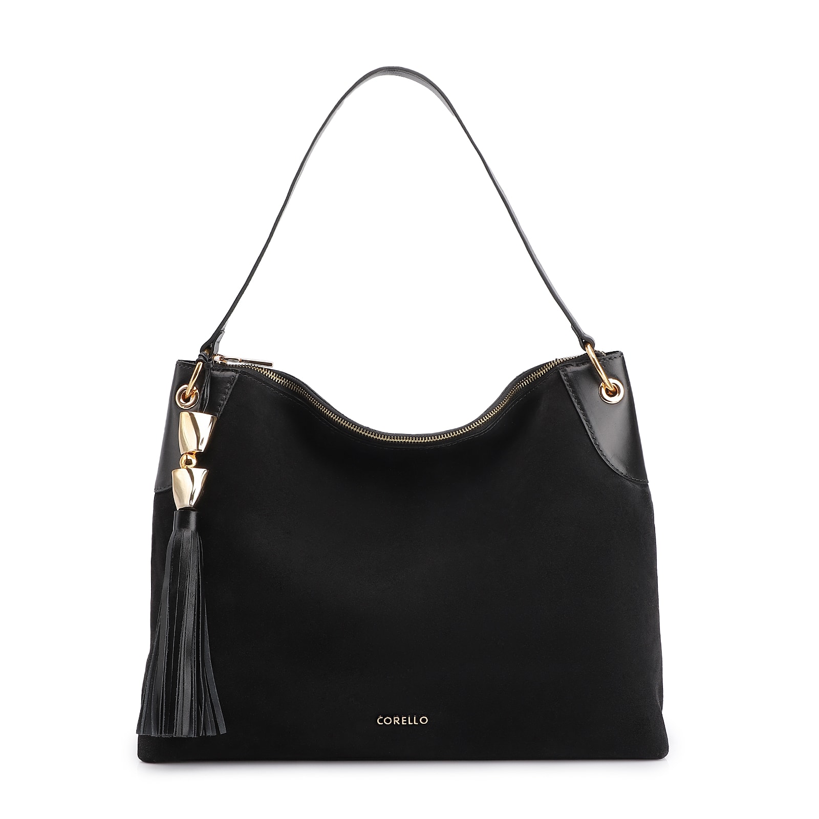 Bolsa Hobo Argola Couro Camurça/Couro Preto