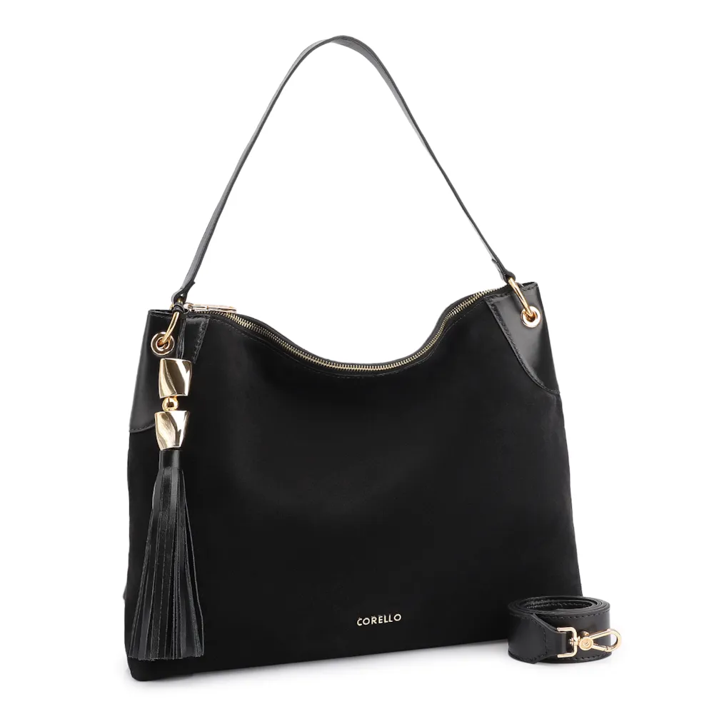 Bolsa Hobo Argola Couro Camurça/Couro Preto - imagem 2