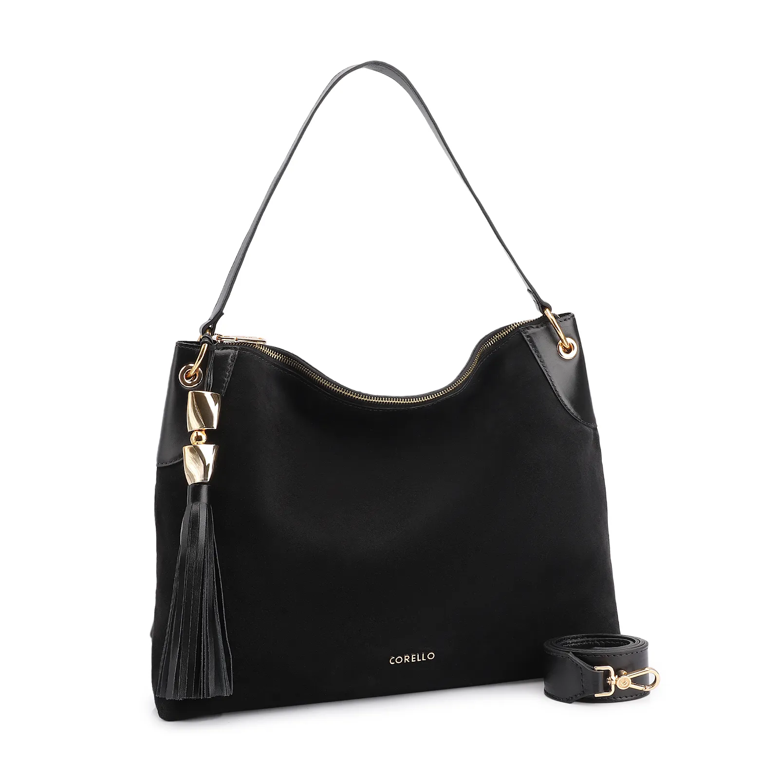 Bolsa Hobo Argola Couro Camurça/Couro Preto