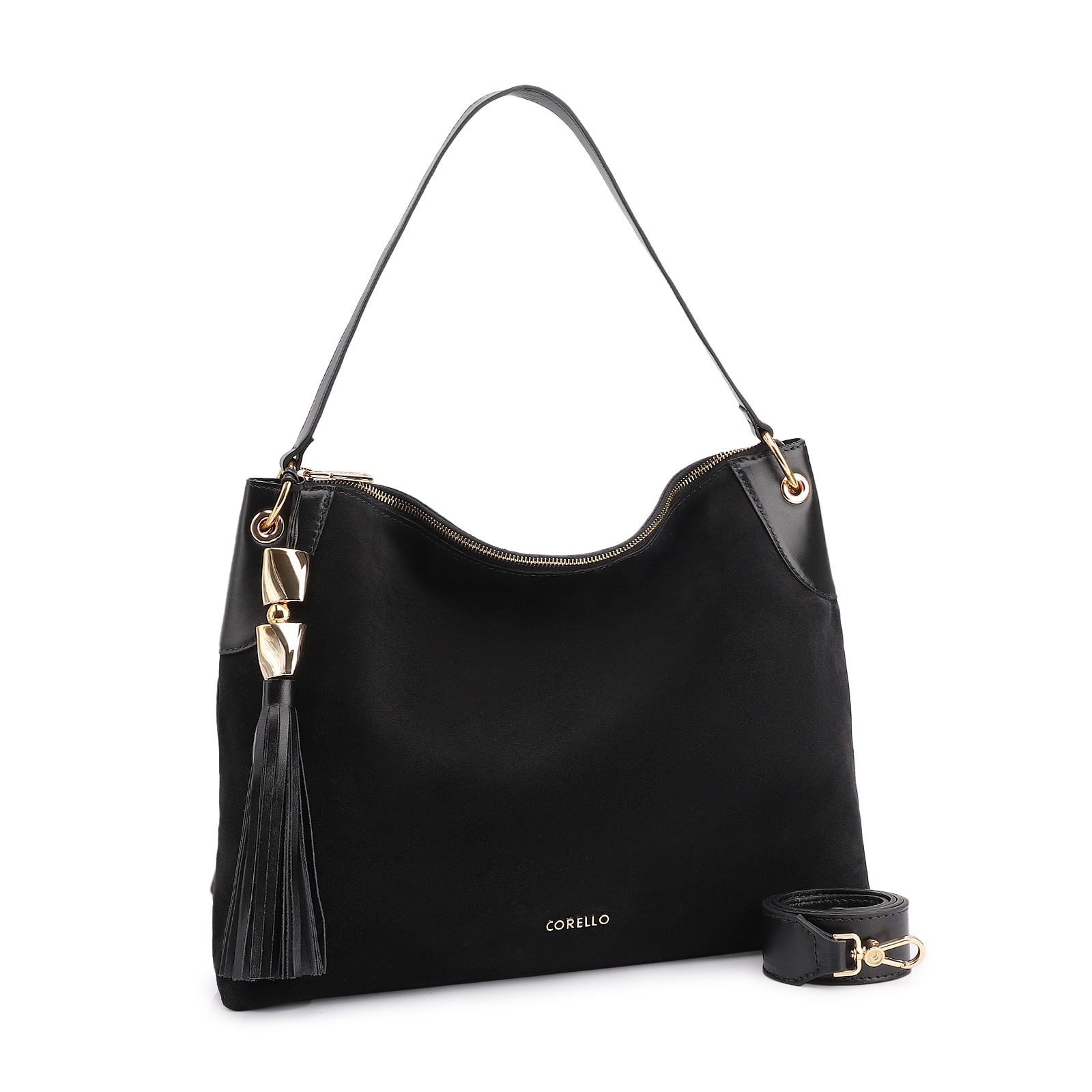 Bolsa Hobo Argola Couro Camurça/Couro Preto