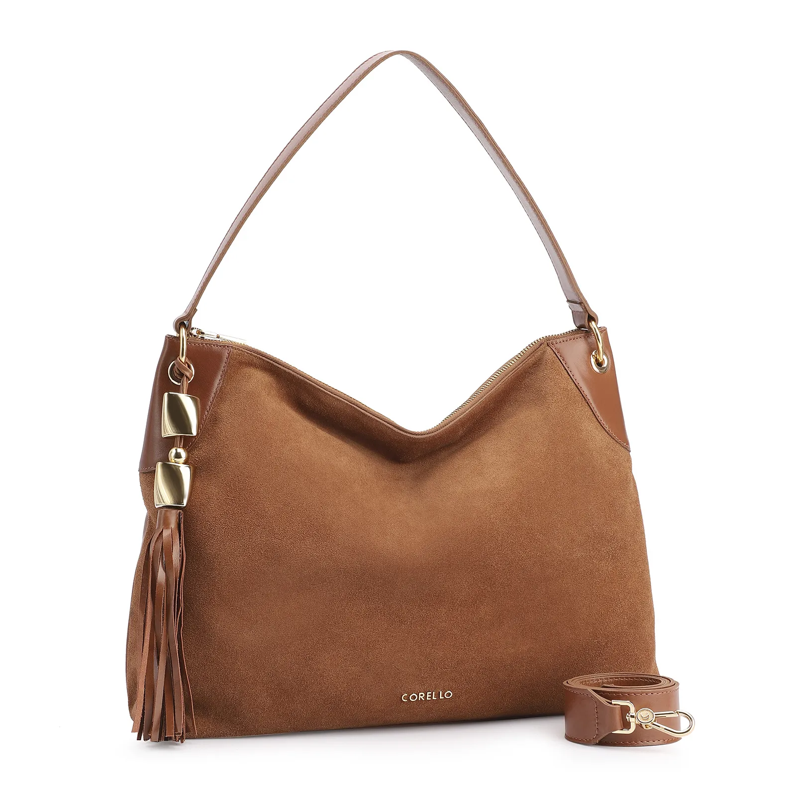 Bolsa Hobo Argola Couro Camurça Marrom/Couro Marrom
