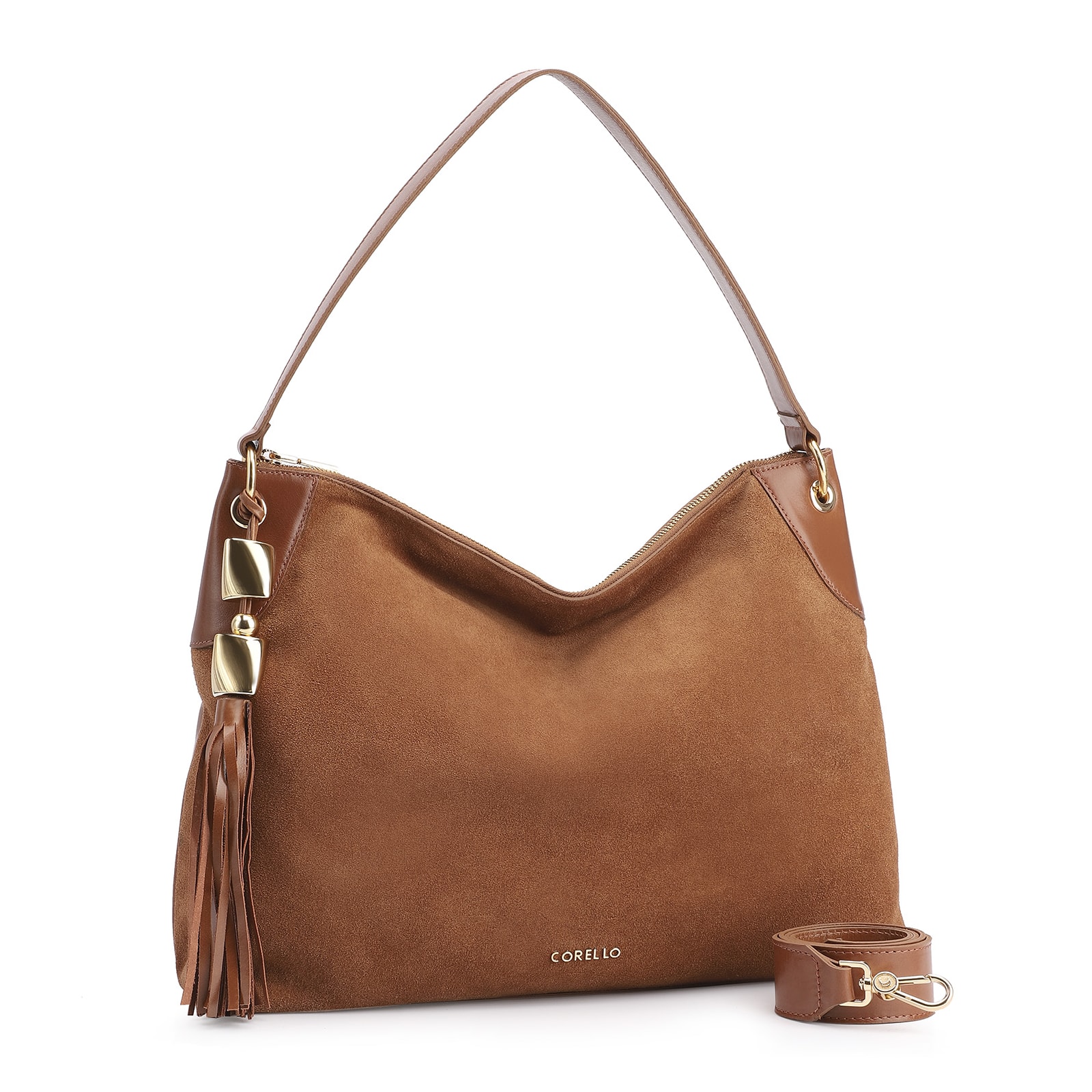 Bolsa Hobo Argola Couro Camurça Marrom/Couro Marrom