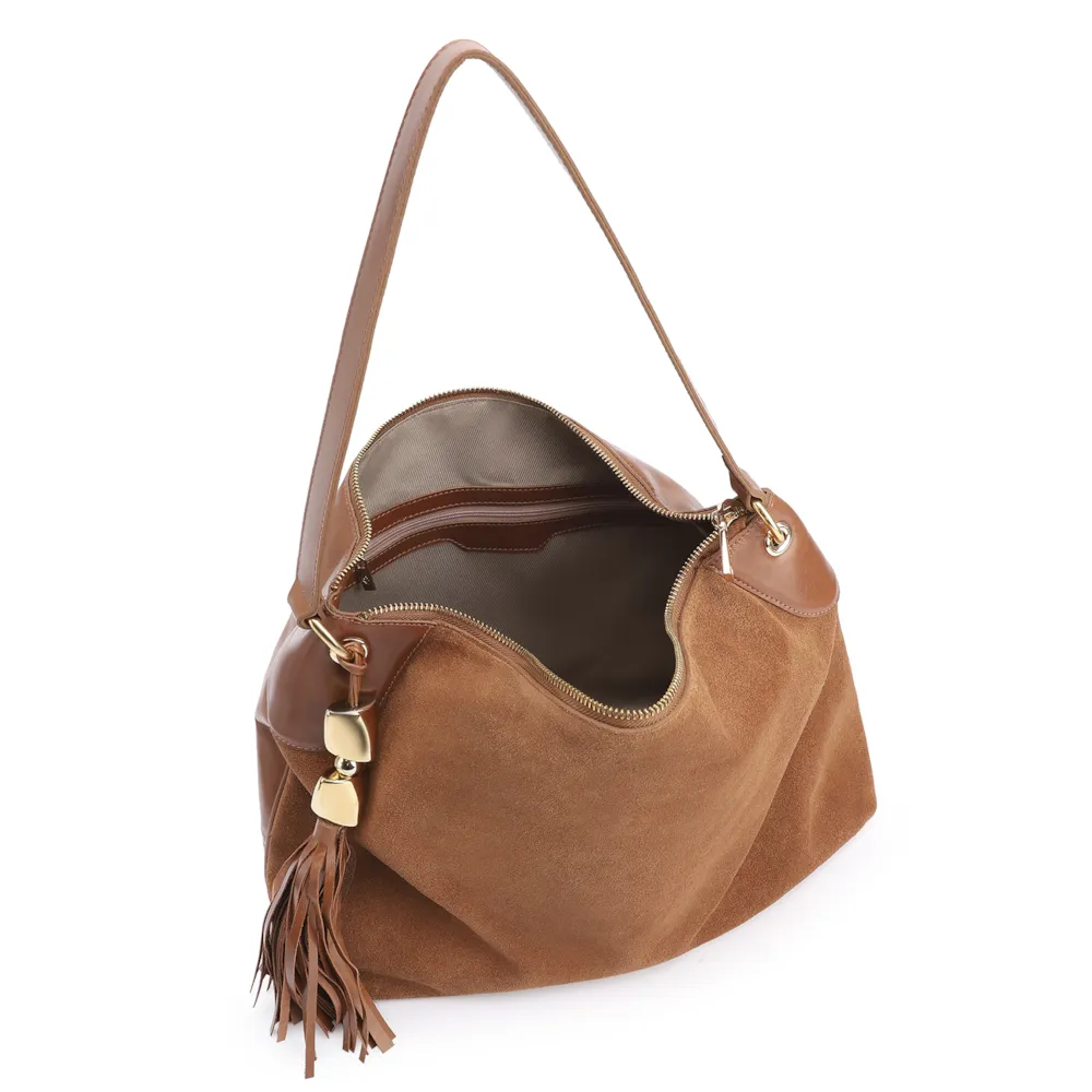 Bolsa Hobo Argola Couro Camurça Marrom/Couro Marrom - imagem 4