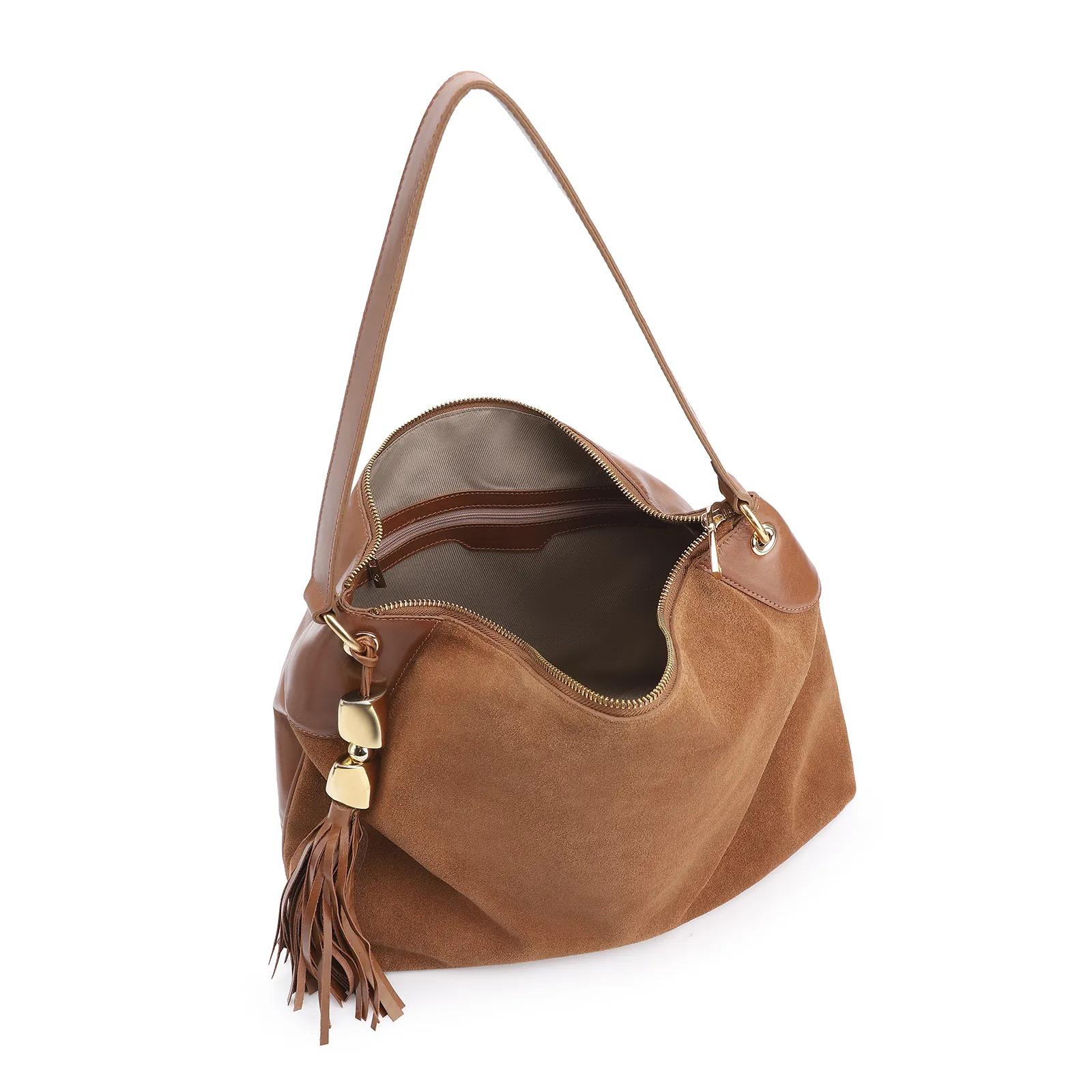 Bolsa Hobo Argola Couro Camurça Marrom/Couro Marrom