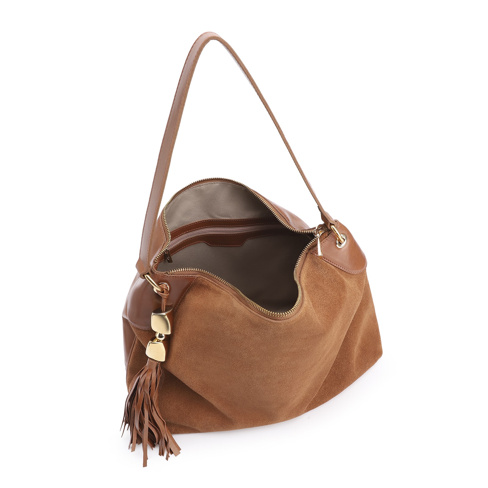 Bolsa Hobo Argola Couro Camurça Marrom/Couro Marrom