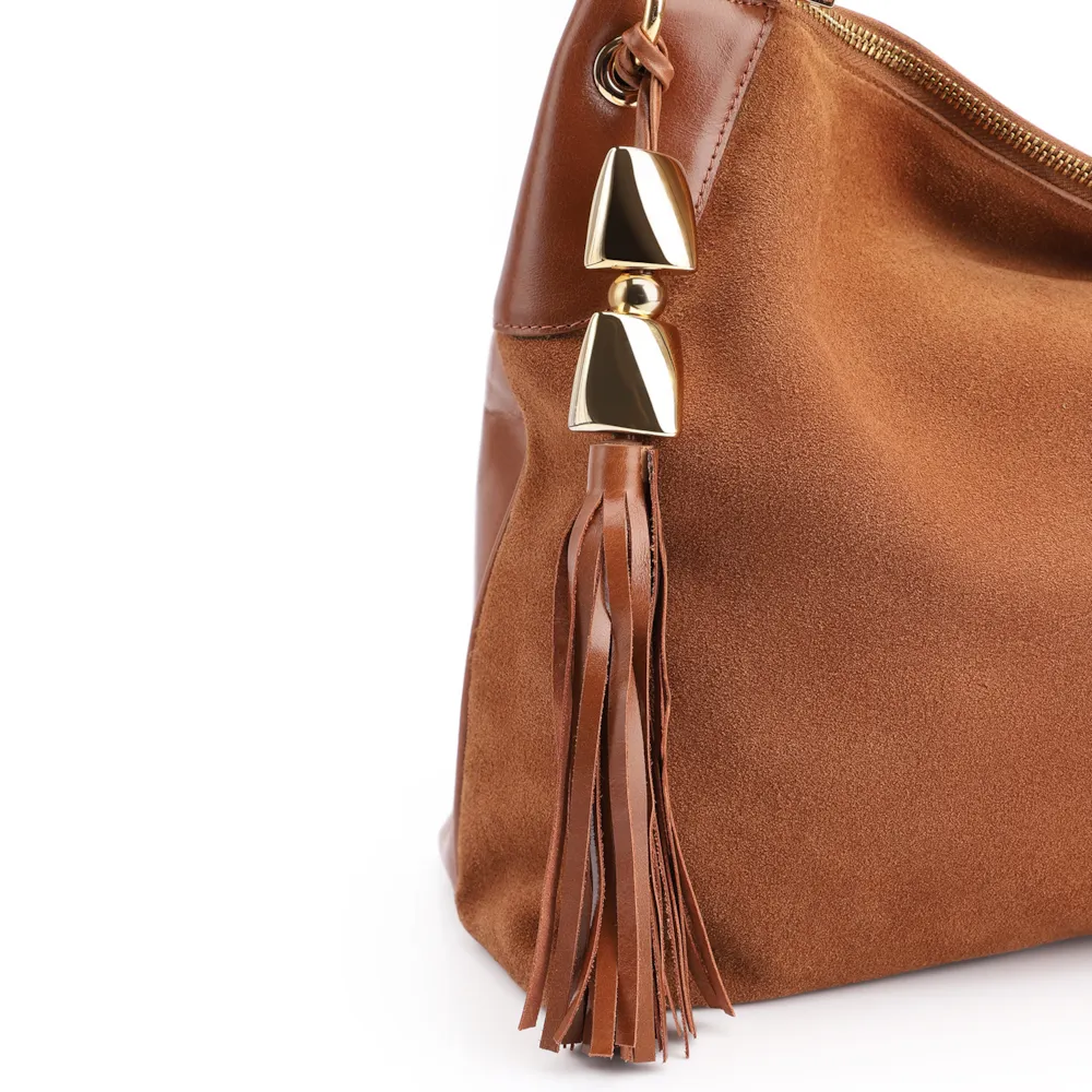 Bolsa Hobo Argola Couro Camurça Marrom/Couro Marrom - imagem 7