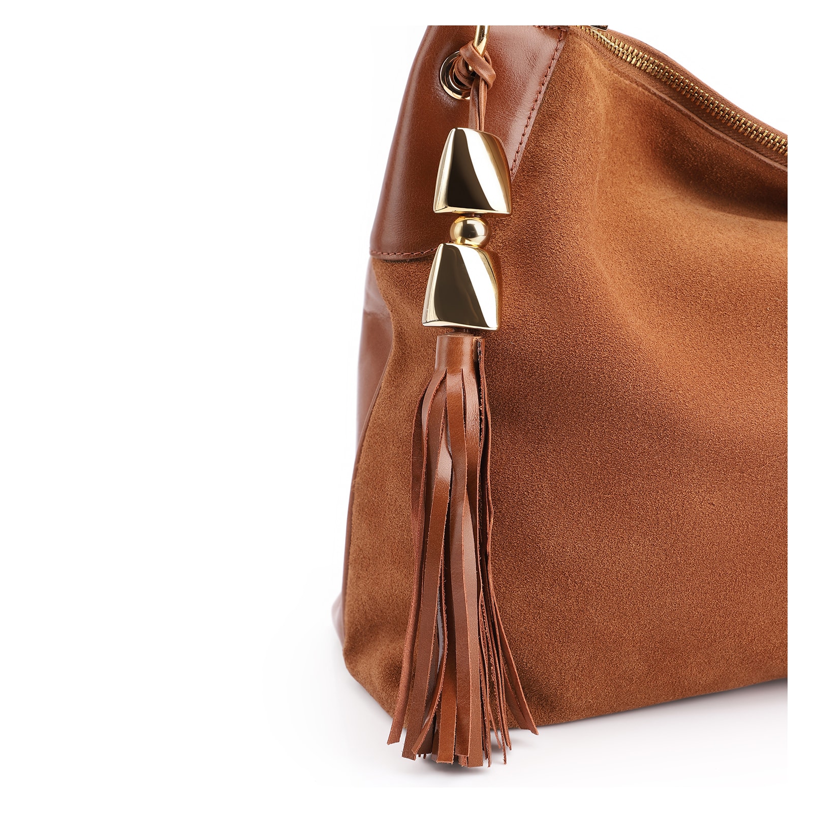 Bolsa Hobo Argola Couro Camurça Marrom/Couro Marrom