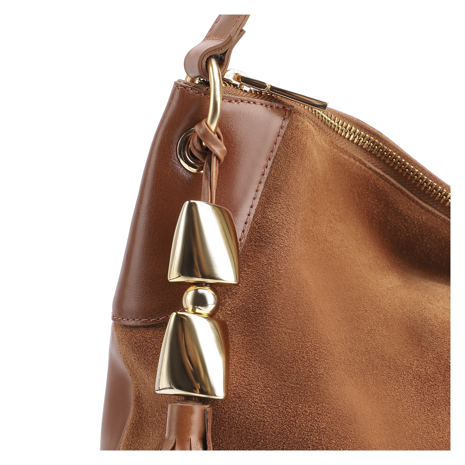 Bolsa Hobo Argola Couro Camurça Marrom/Couro Marrom