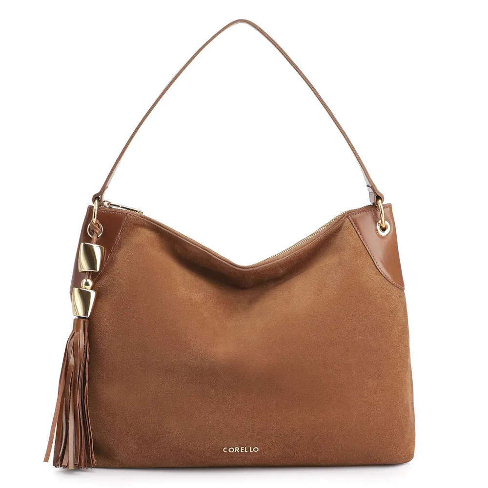 Bolsa Hobo Argola Couro Camurça Marrom/Couro Marrom