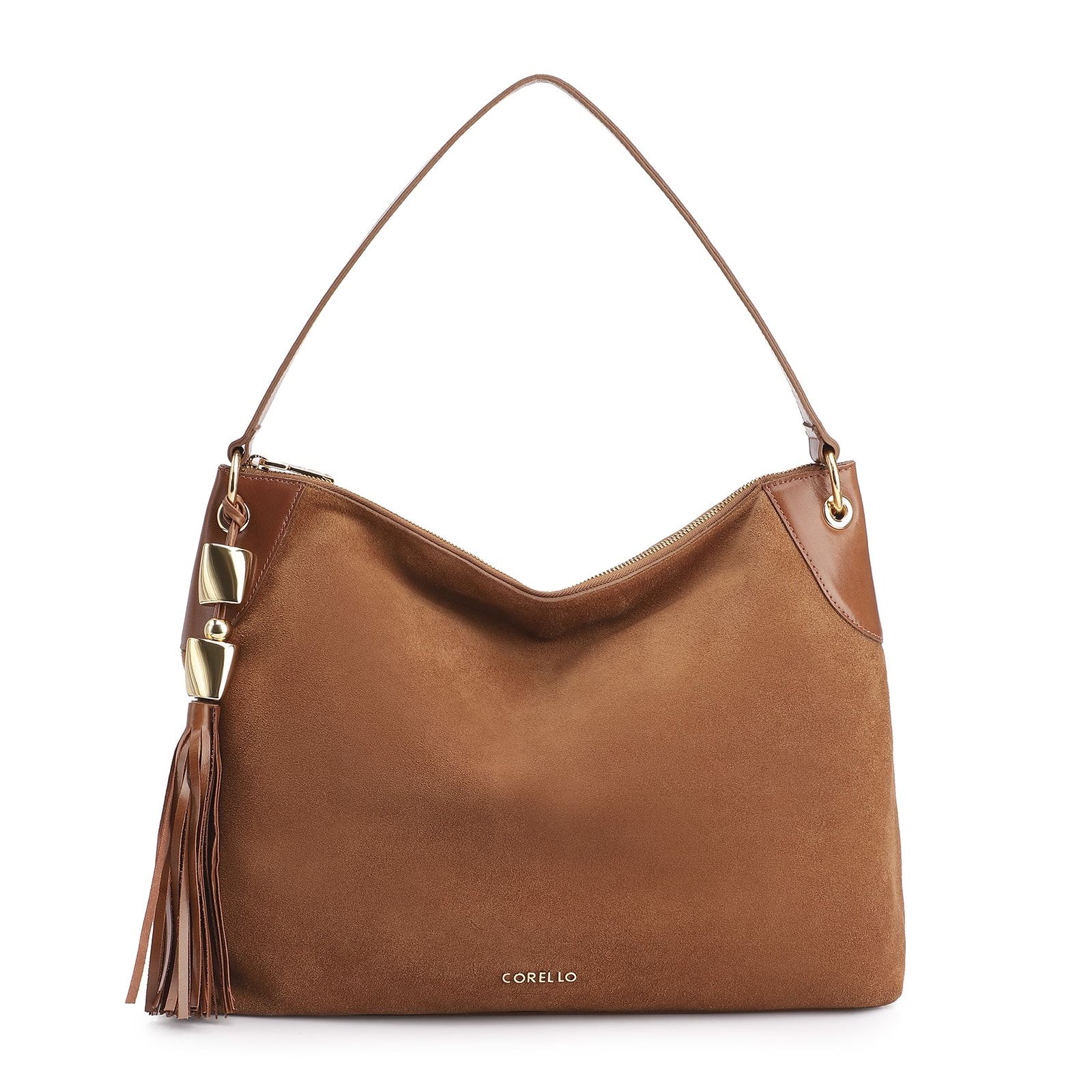 Bolsa Hobo Argola Couro Camurça Marrom/Couro Marrom