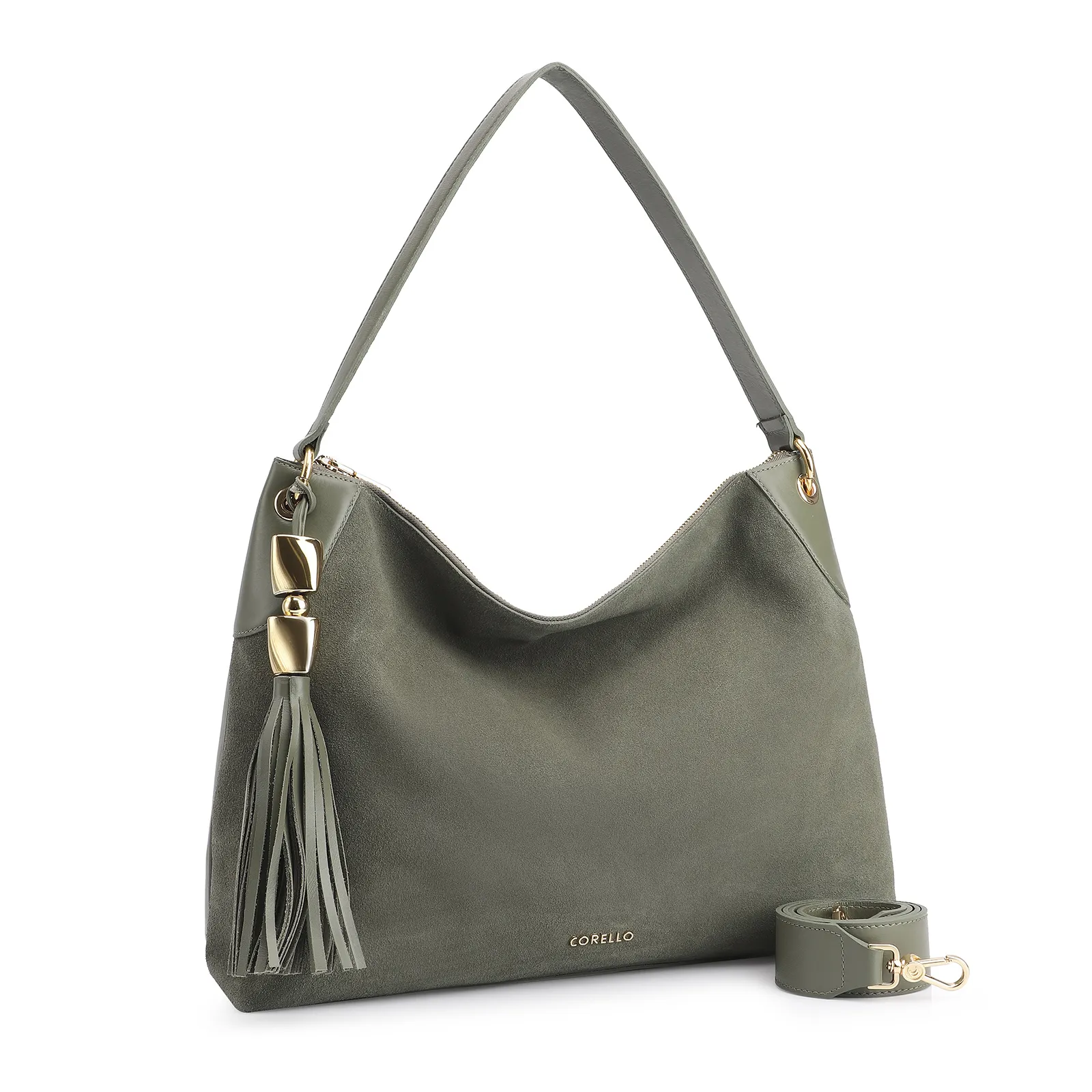 Bolsa Hobo Argola Couro Camurça Verde/Couro Verde