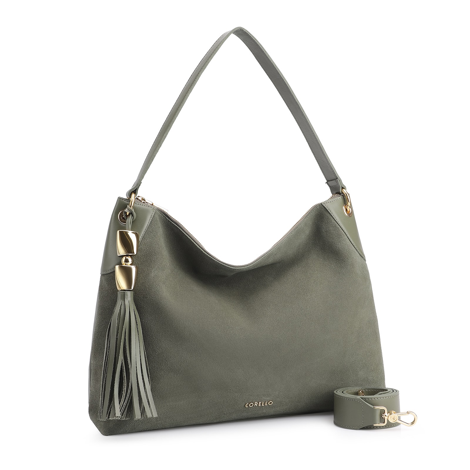 Bolsa Hobo Argola Couro Camurça Verde/Couro Verde