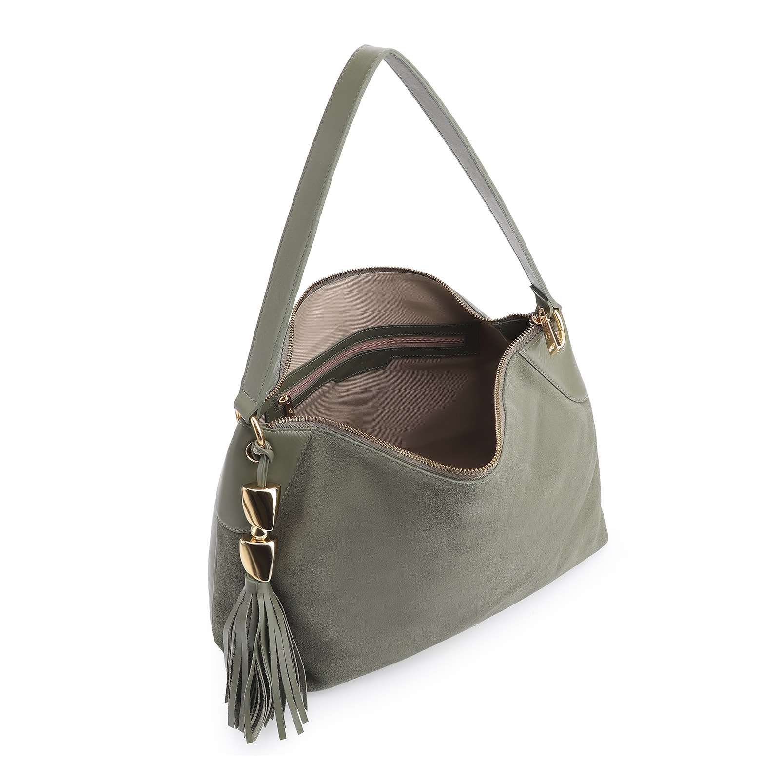 Bolsa Hobo Argola Couro Camurça Verde/Couro Verde