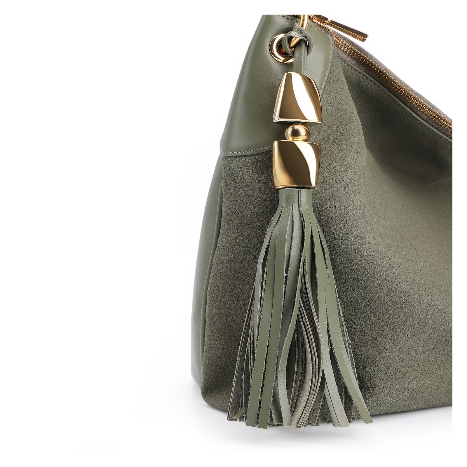 Bolsa Hobo Argola Couro Camurça Verde/Couro Verde