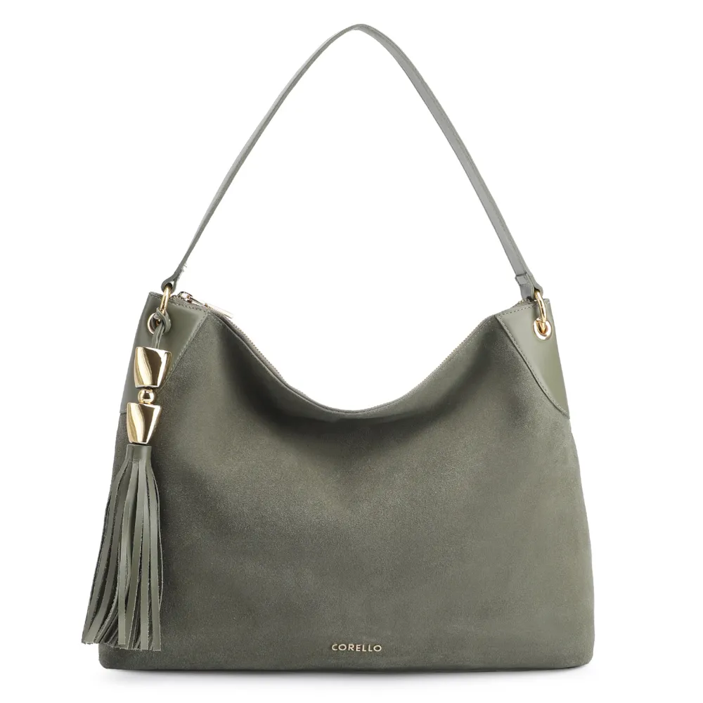 Bolsa Hobo Argola Couro Camurça Verde/Couro Verde
