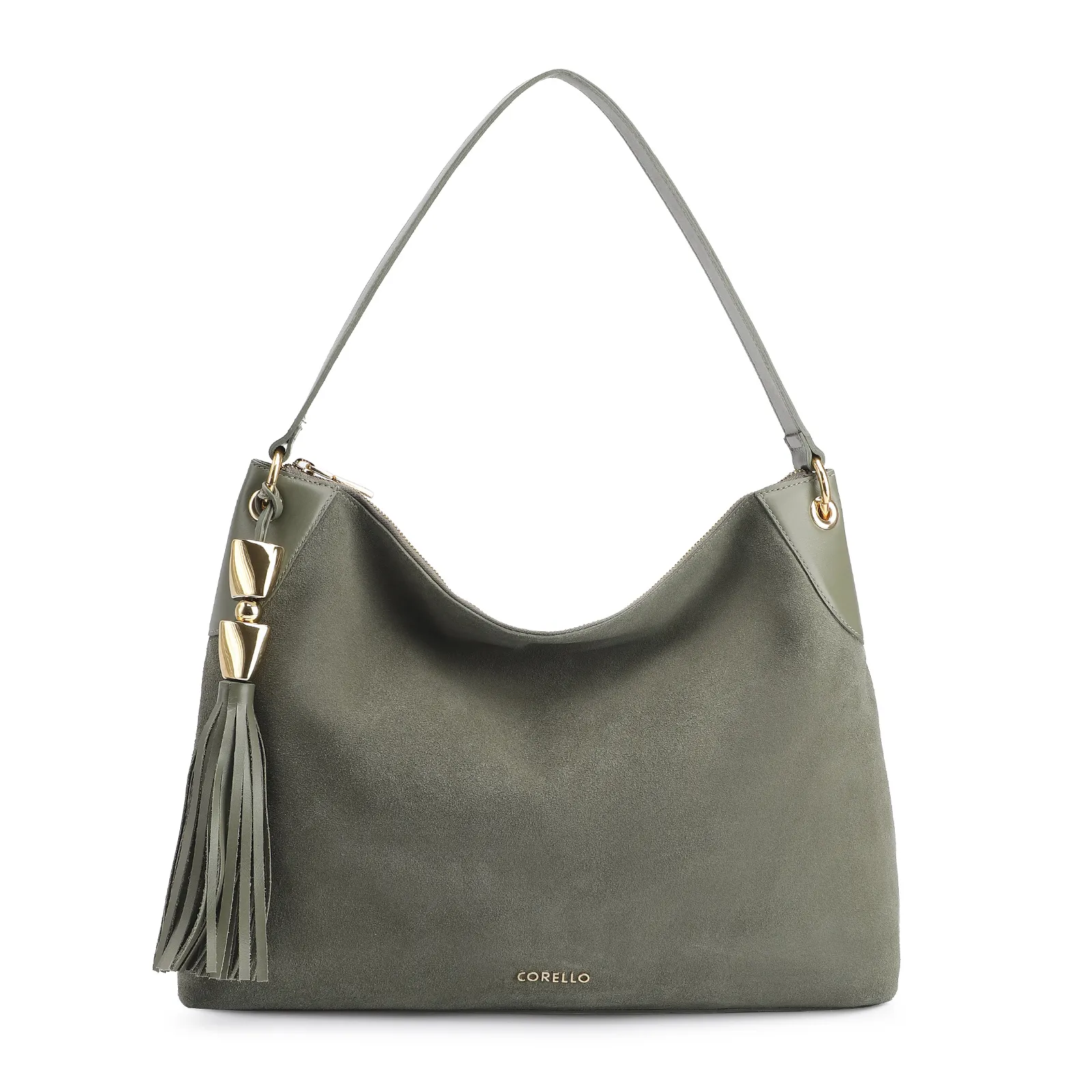 Bolsa Hobo Argola Couro Camurça Verde/Couro Verde