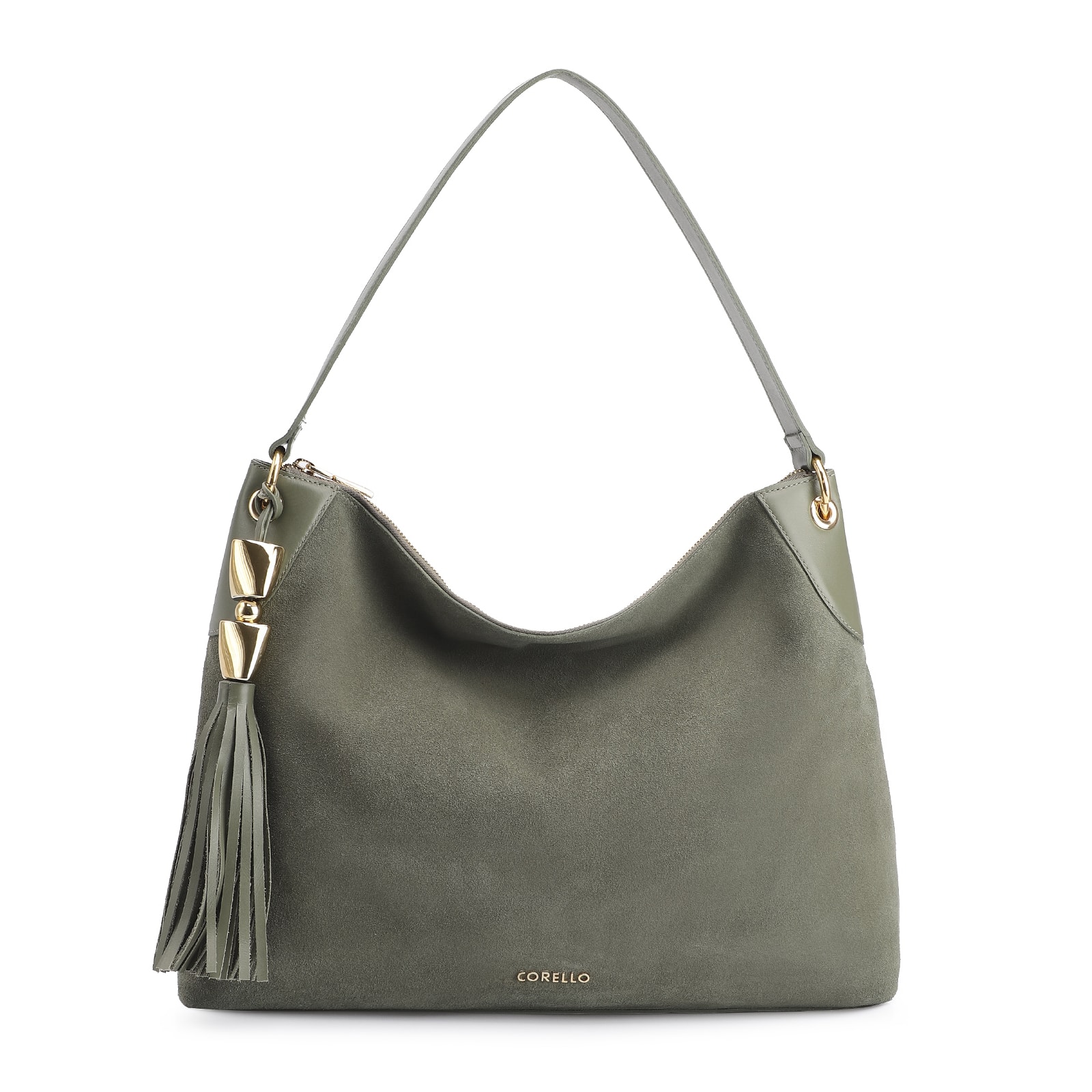 Bolsa Hobo Argola Couro Camurça Verde/Couro Verde