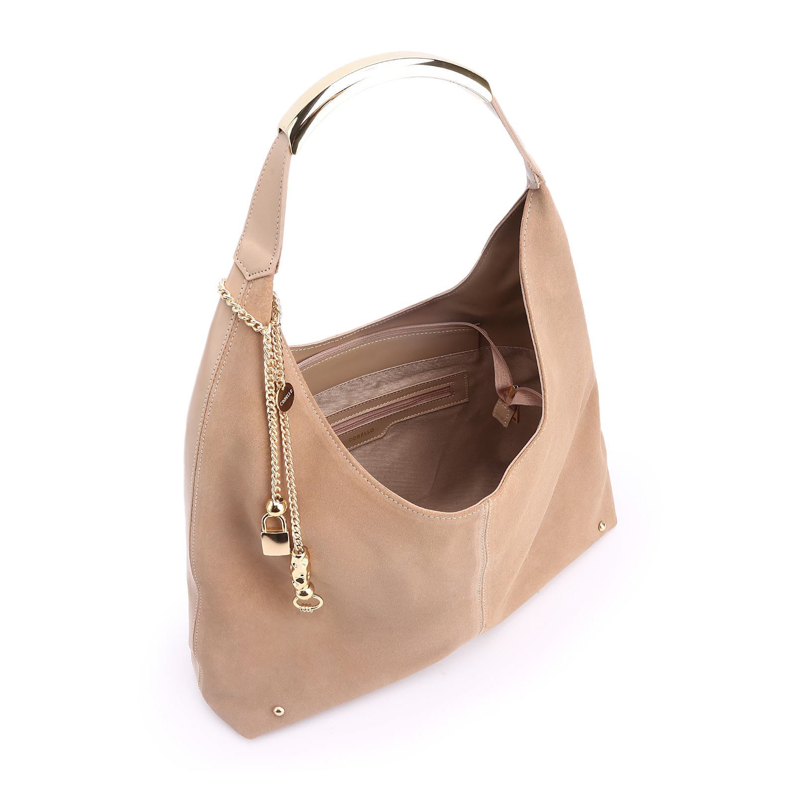 Bolsa Hobo Bag Charm Couro Camurça/Couro Bege
