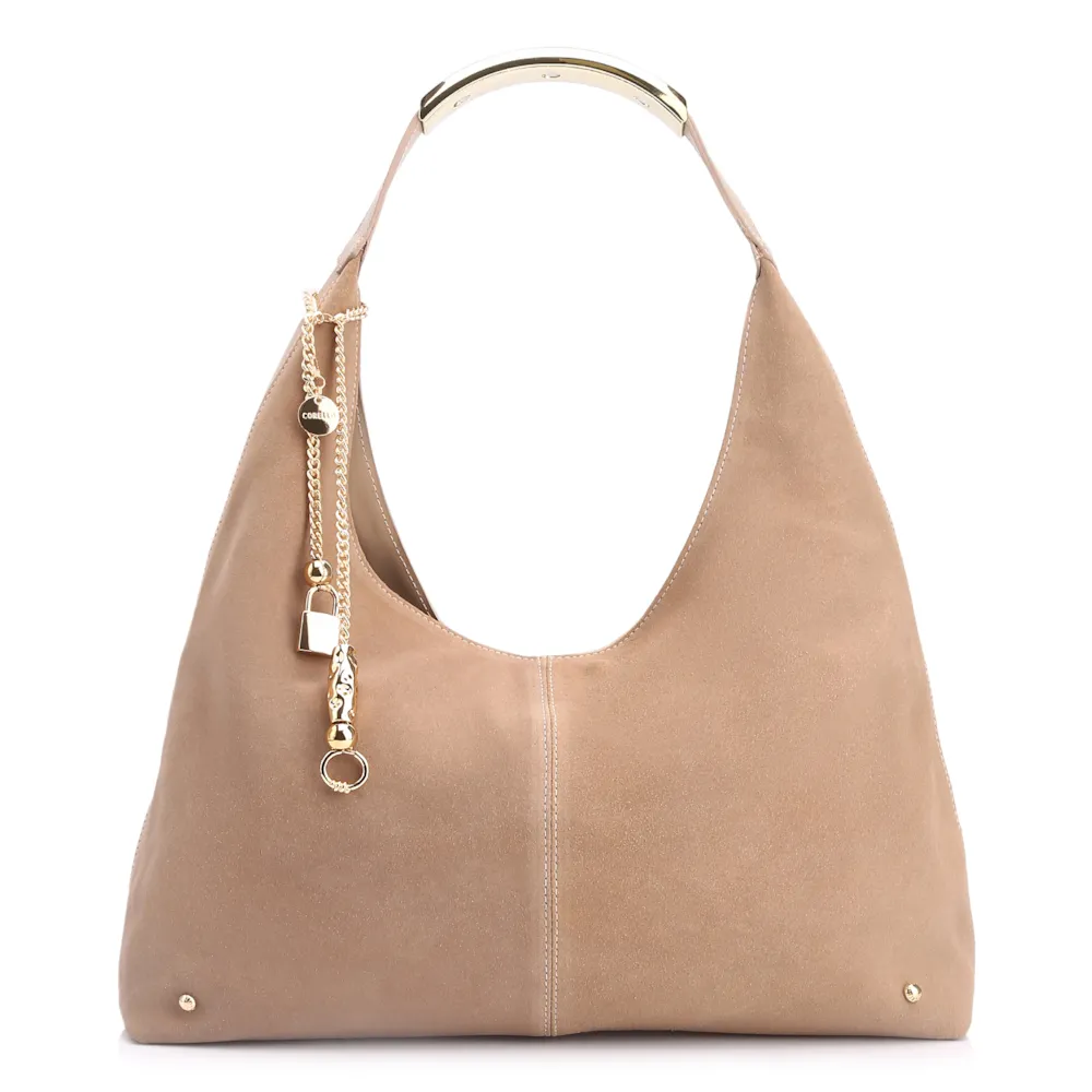 Bolsa Hobo Bag Charm Couro Camurça/Couro Bege