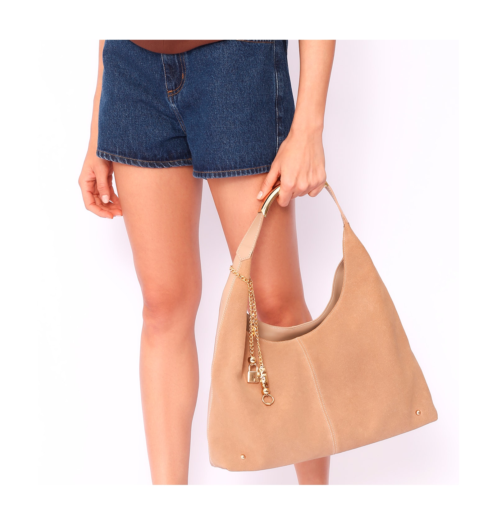 Bolsa Hobo Bag Charm Couro Camurça/Couro Bege