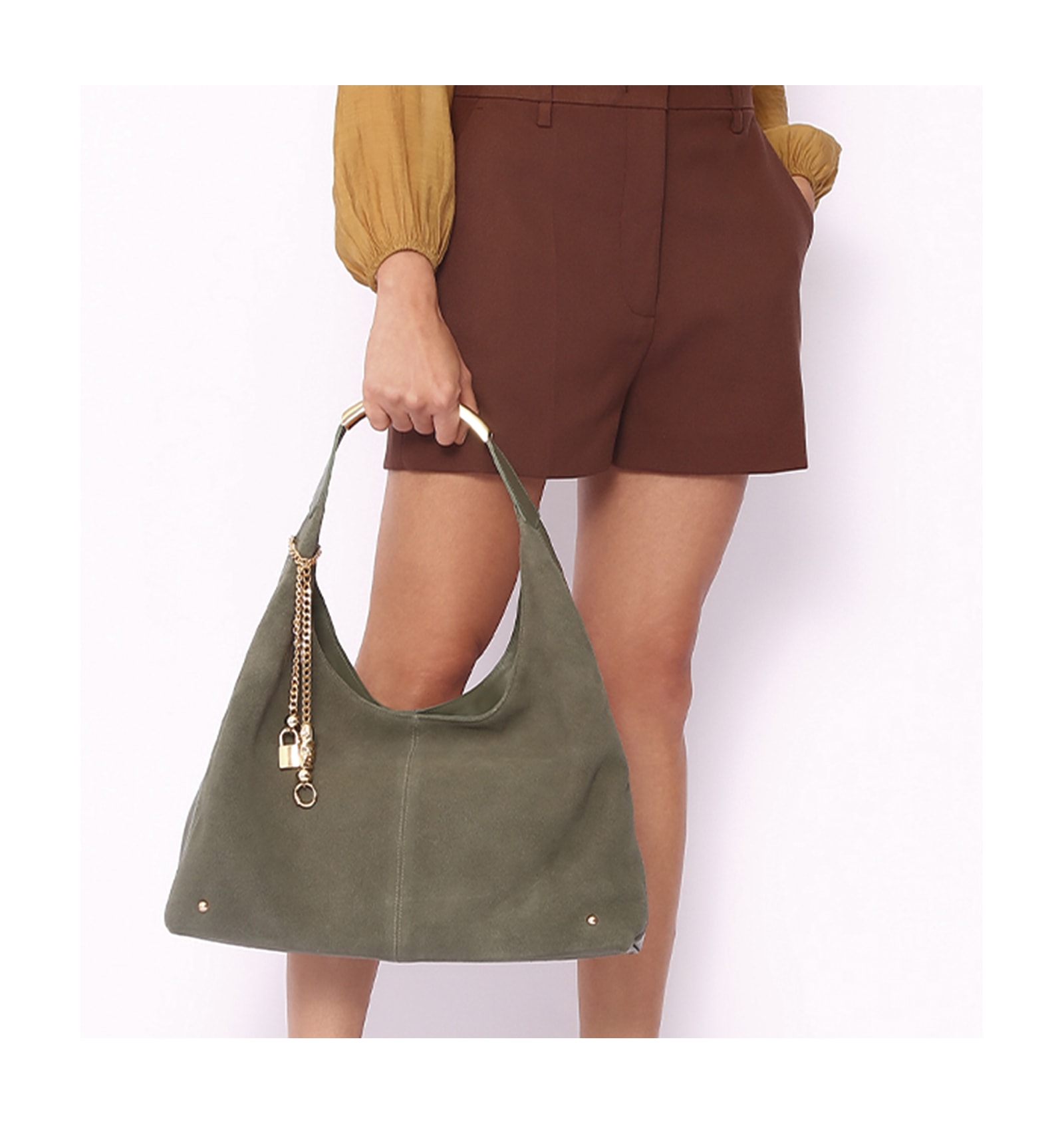 Bolsa Hobo Bag Charm Couro Camurça/Couro Verde