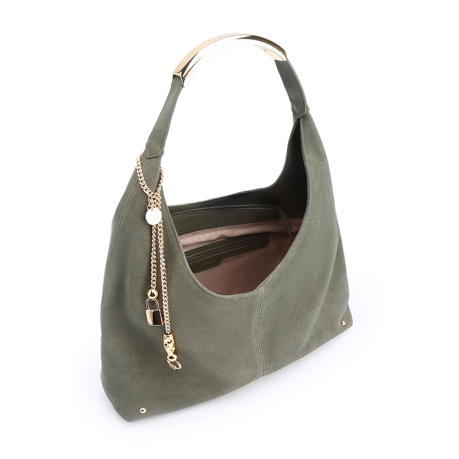 Bolsa Hobo Bag Charm Couro Camurça/Couro Verde