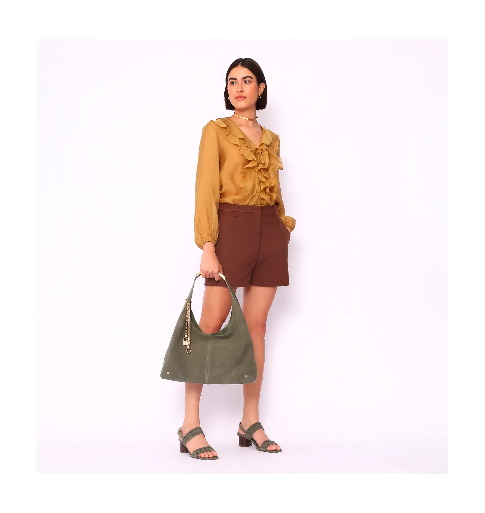 Bolsa Hobo Bag Charm Couro Camurça/Couro Verde