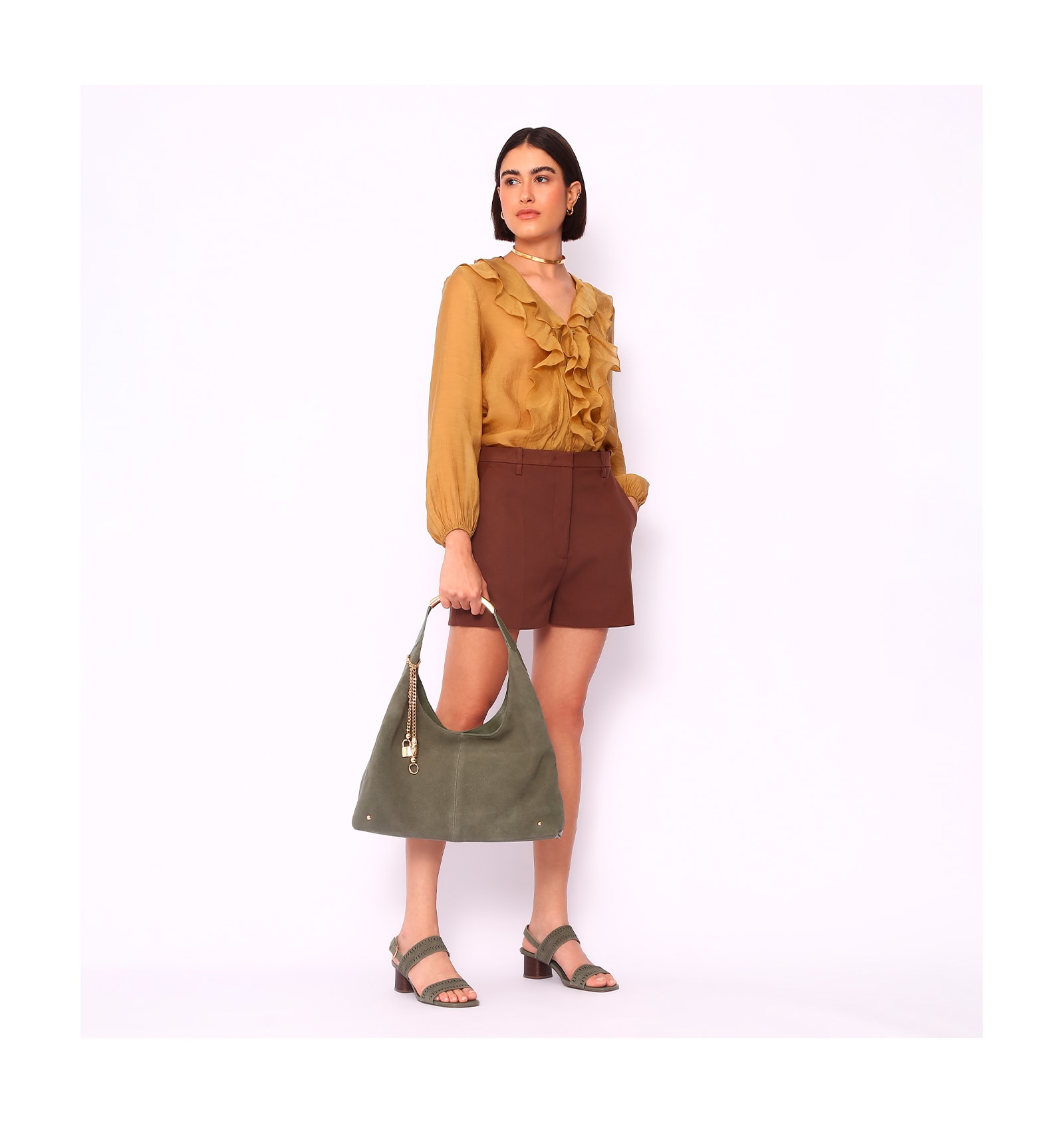 Bolsa Hobo Bag Charm Couro Camurça/Couro Verde