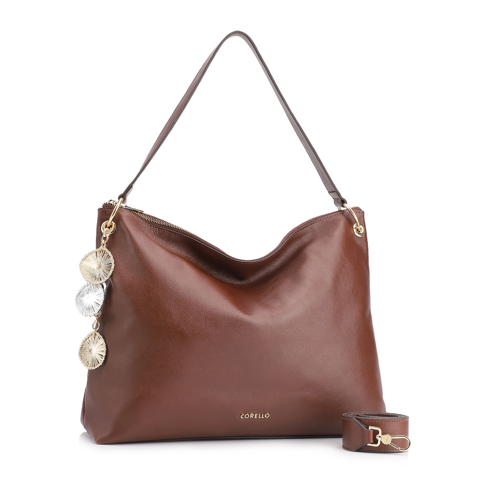 Bolsa Hobo Bag Charm Couro Marrom