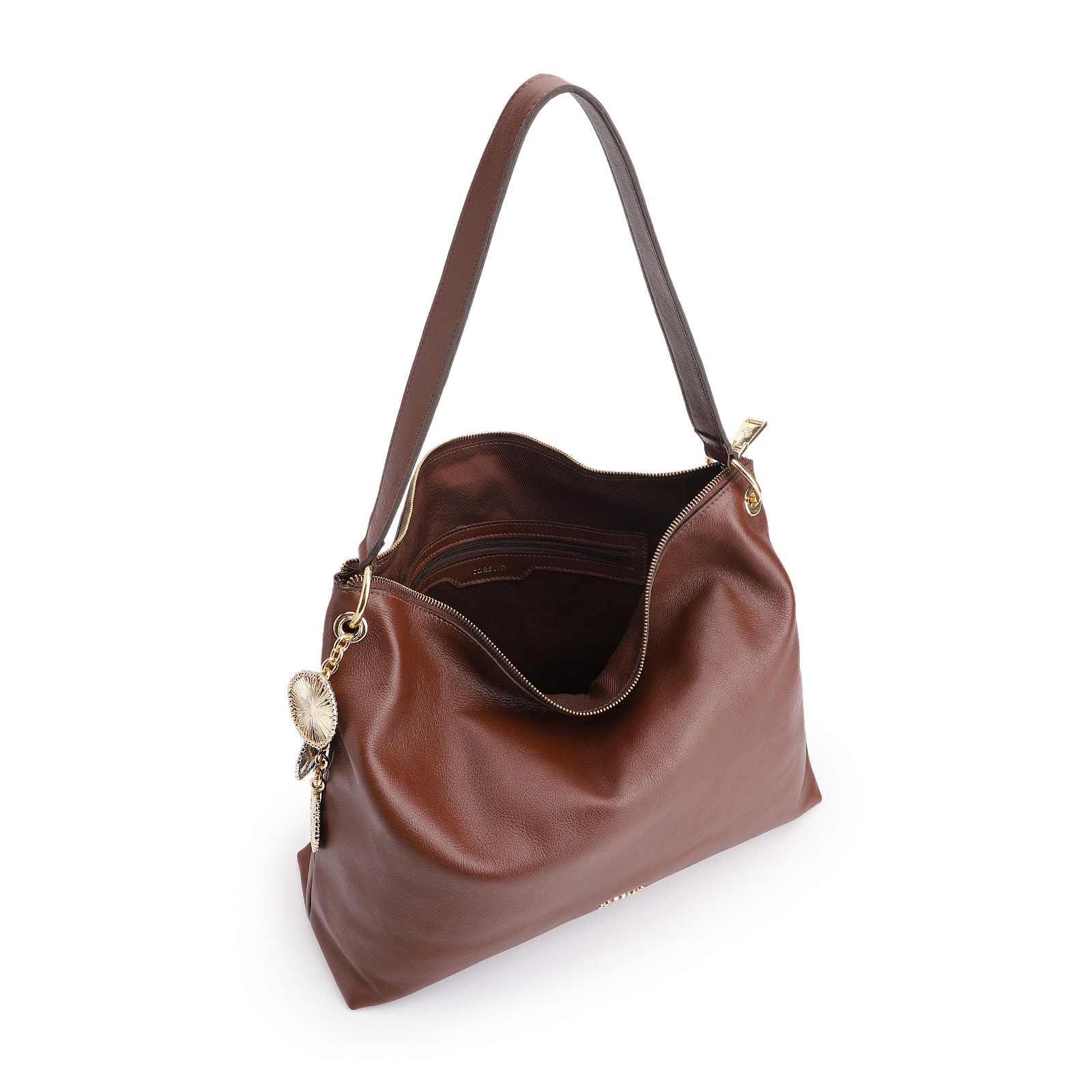 Bolsa Hobo Bag Charm Couro Marrom