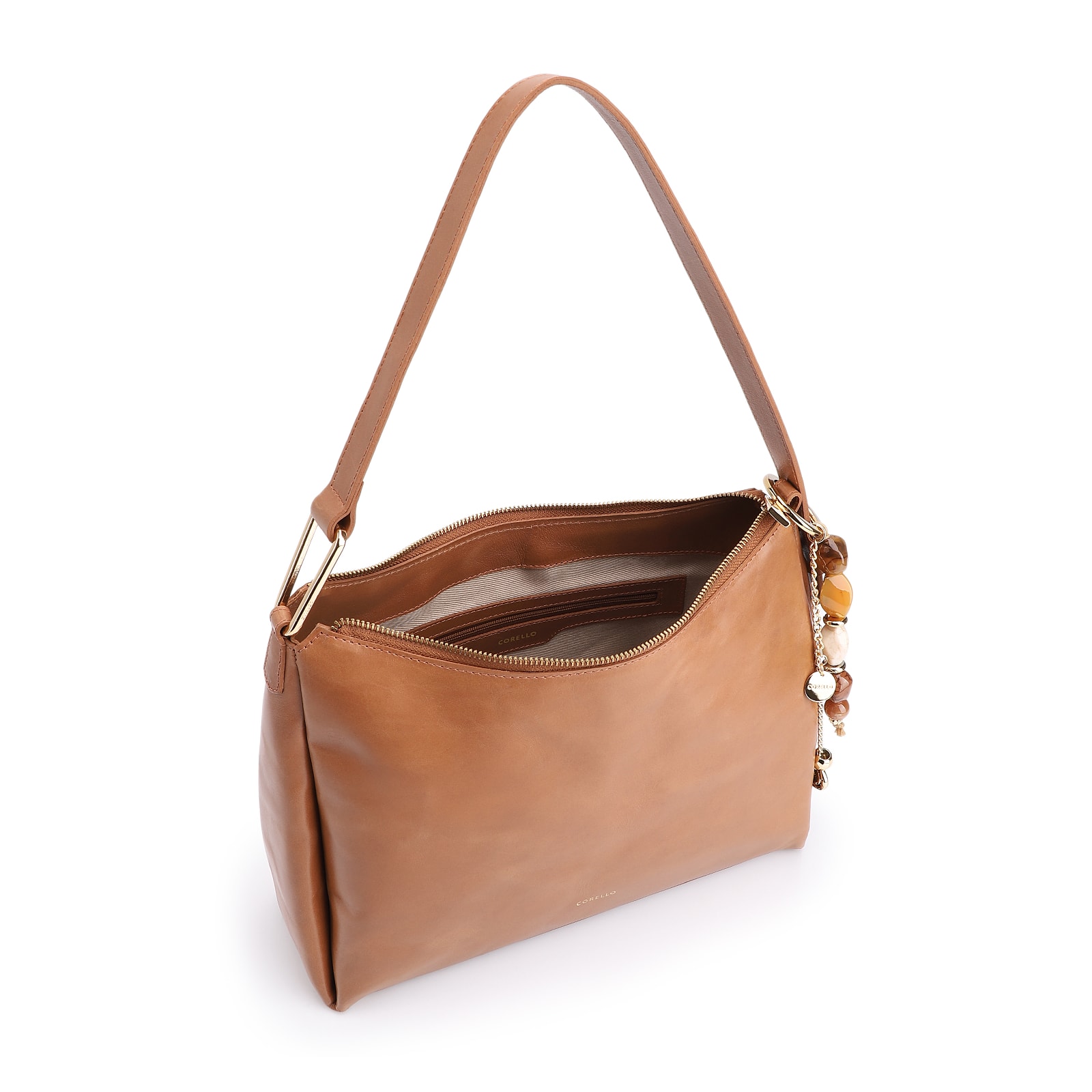 Bolsa Hobo Bag Charm Couro Marrom Claro