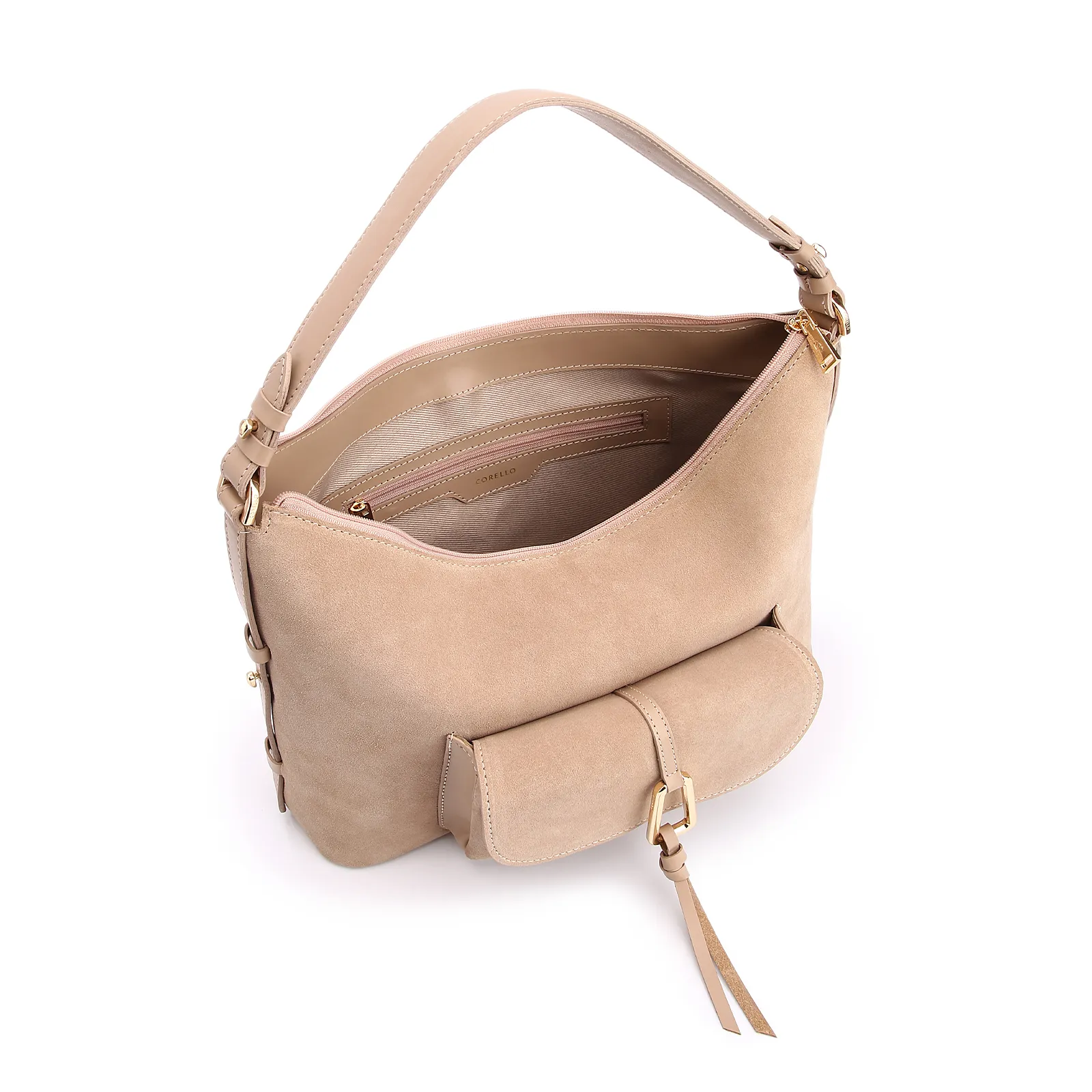 Bolsa Hobo Couro Camurça/Couro Bege