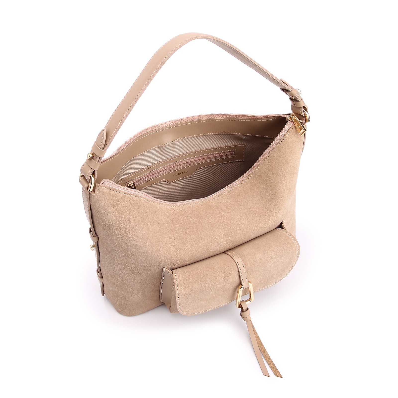 Bolsa Hobo Couro Camurça/Couro Bege