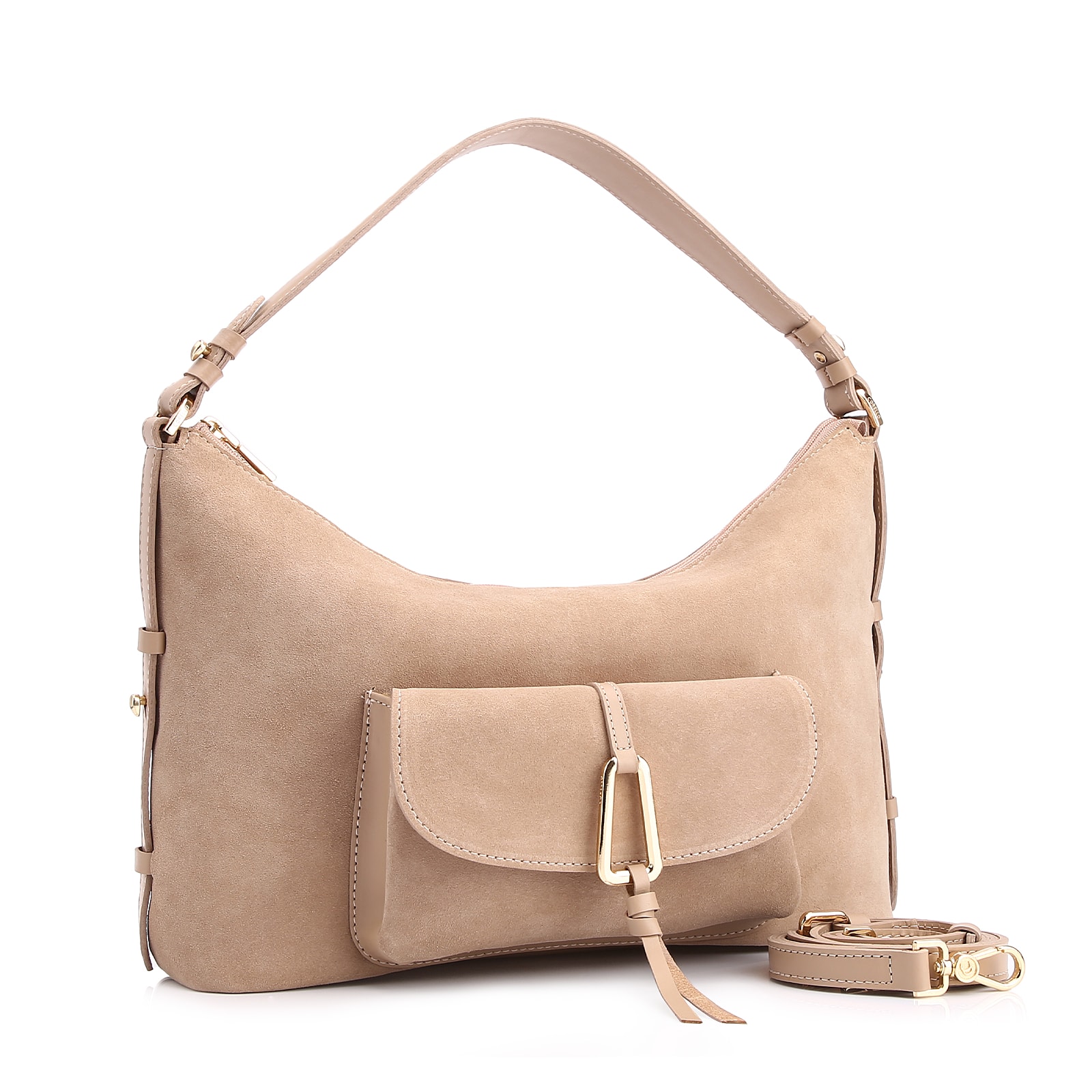Bolsa Hobo Couro Camurça/Couro Bege