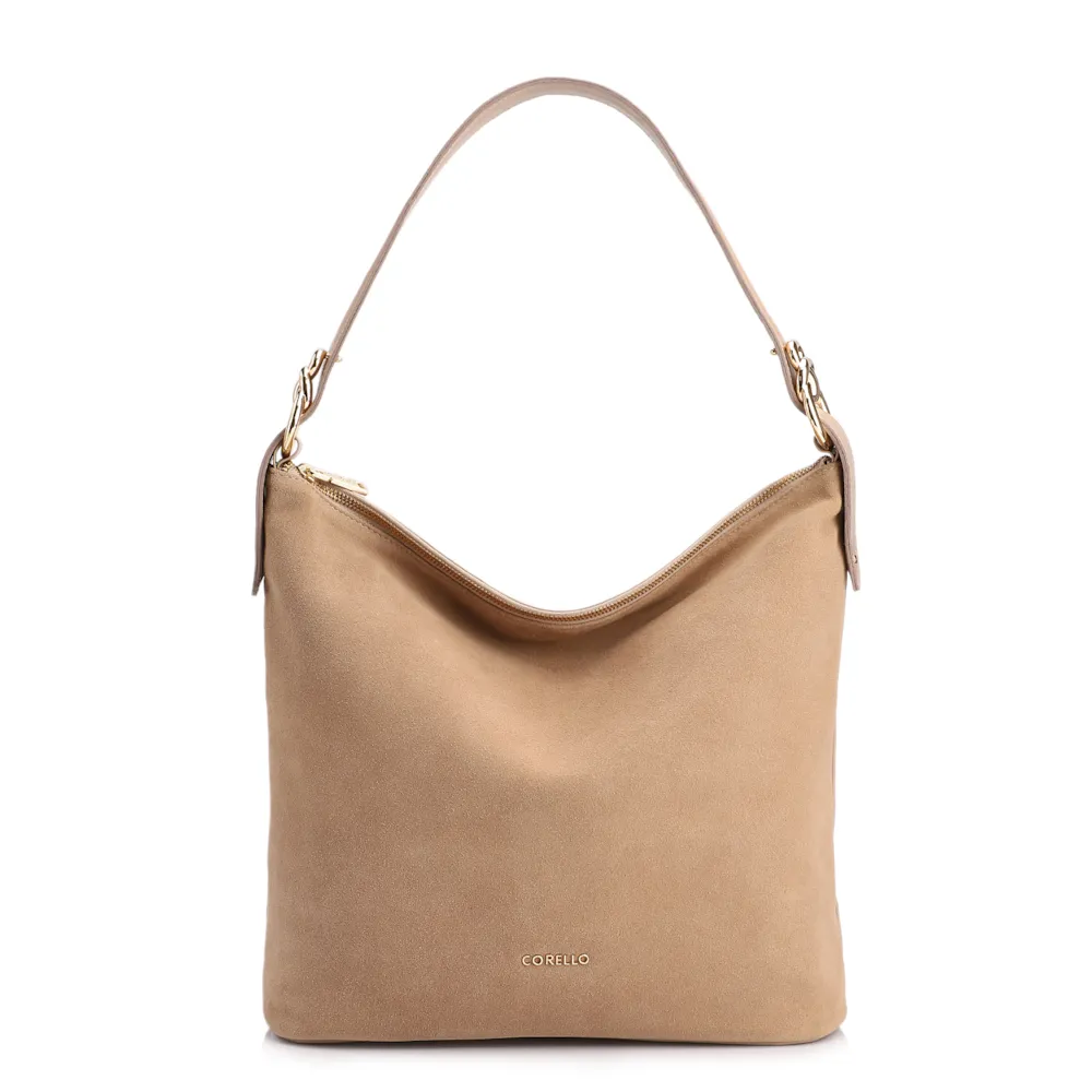 Bolsa Hobo Couro Camurça/Couro Bege